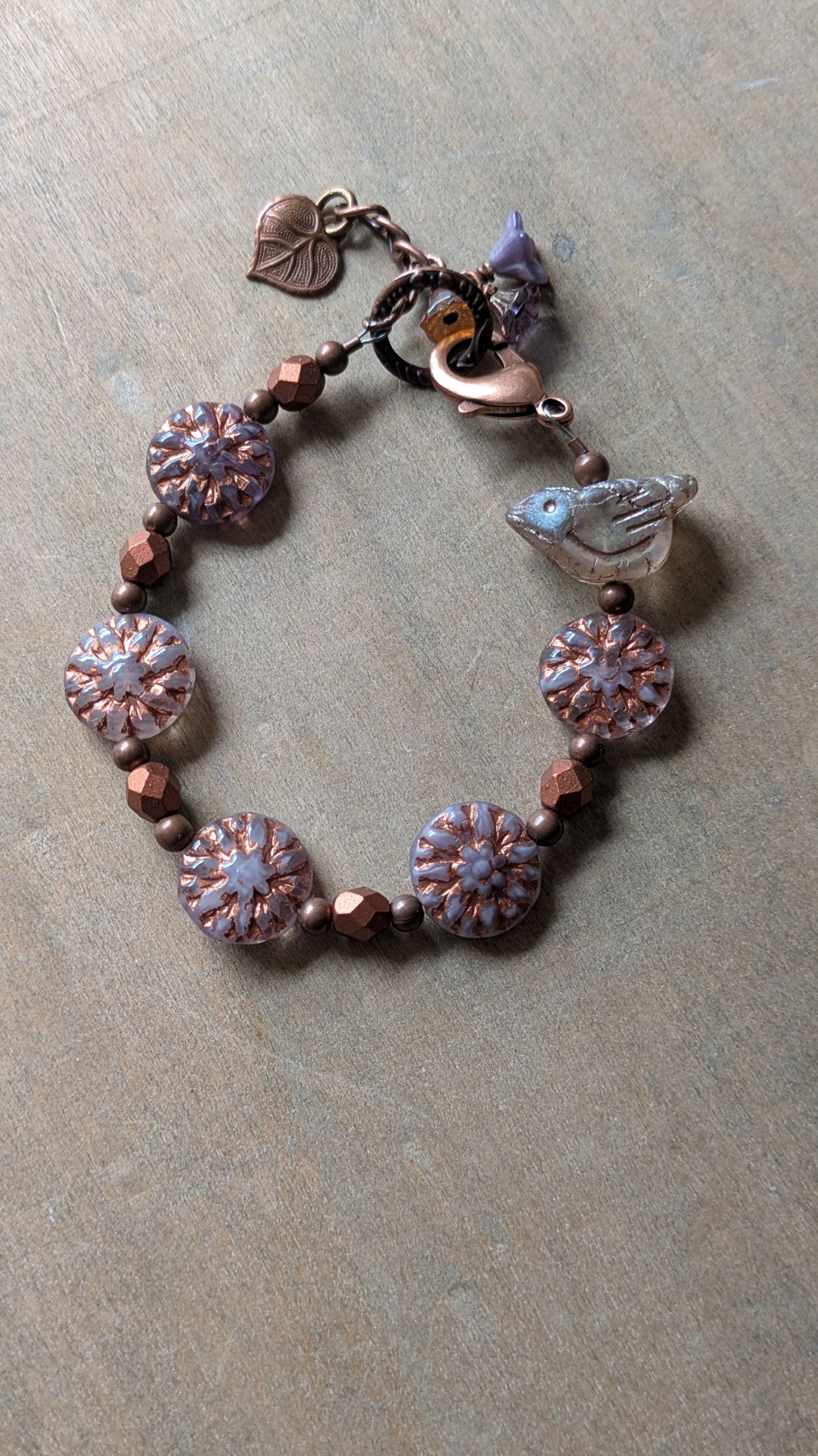 Beaded Bracelet ~ Bird Among the Flowers ~ Purple and Copper
