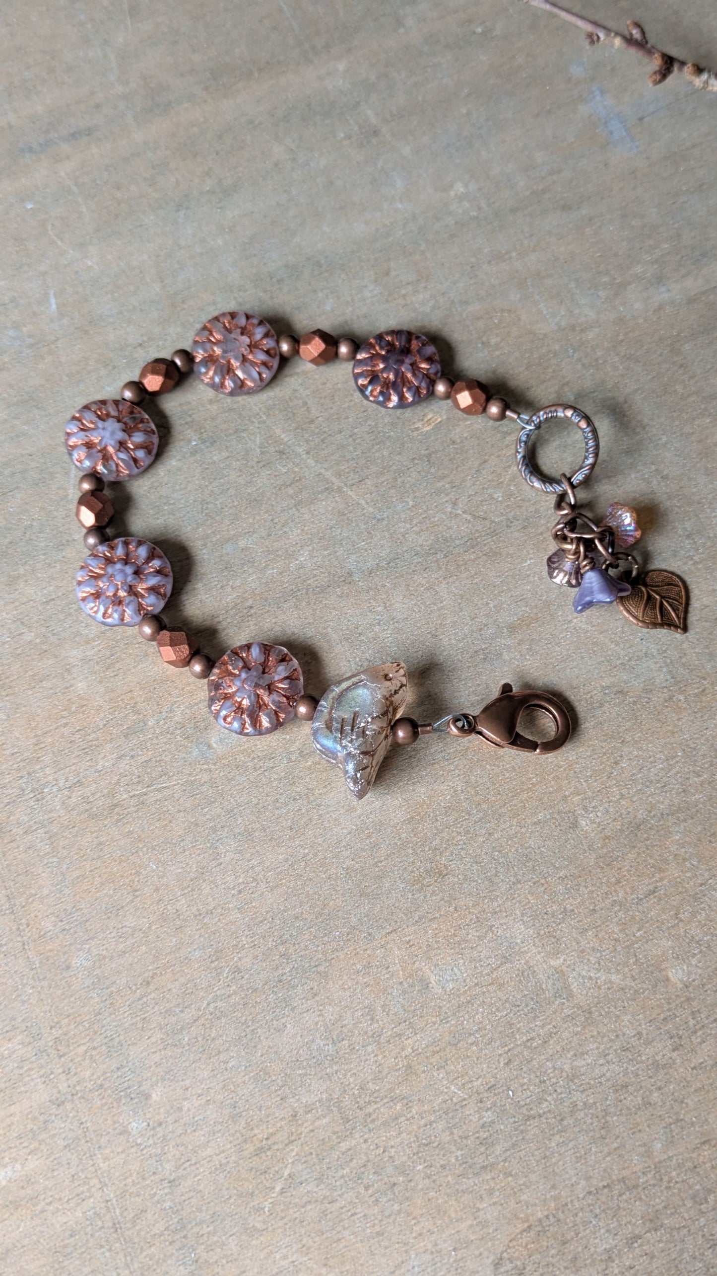 Beaded Bracelet ~ Bird Among the Flowers ~ Purple and Copper