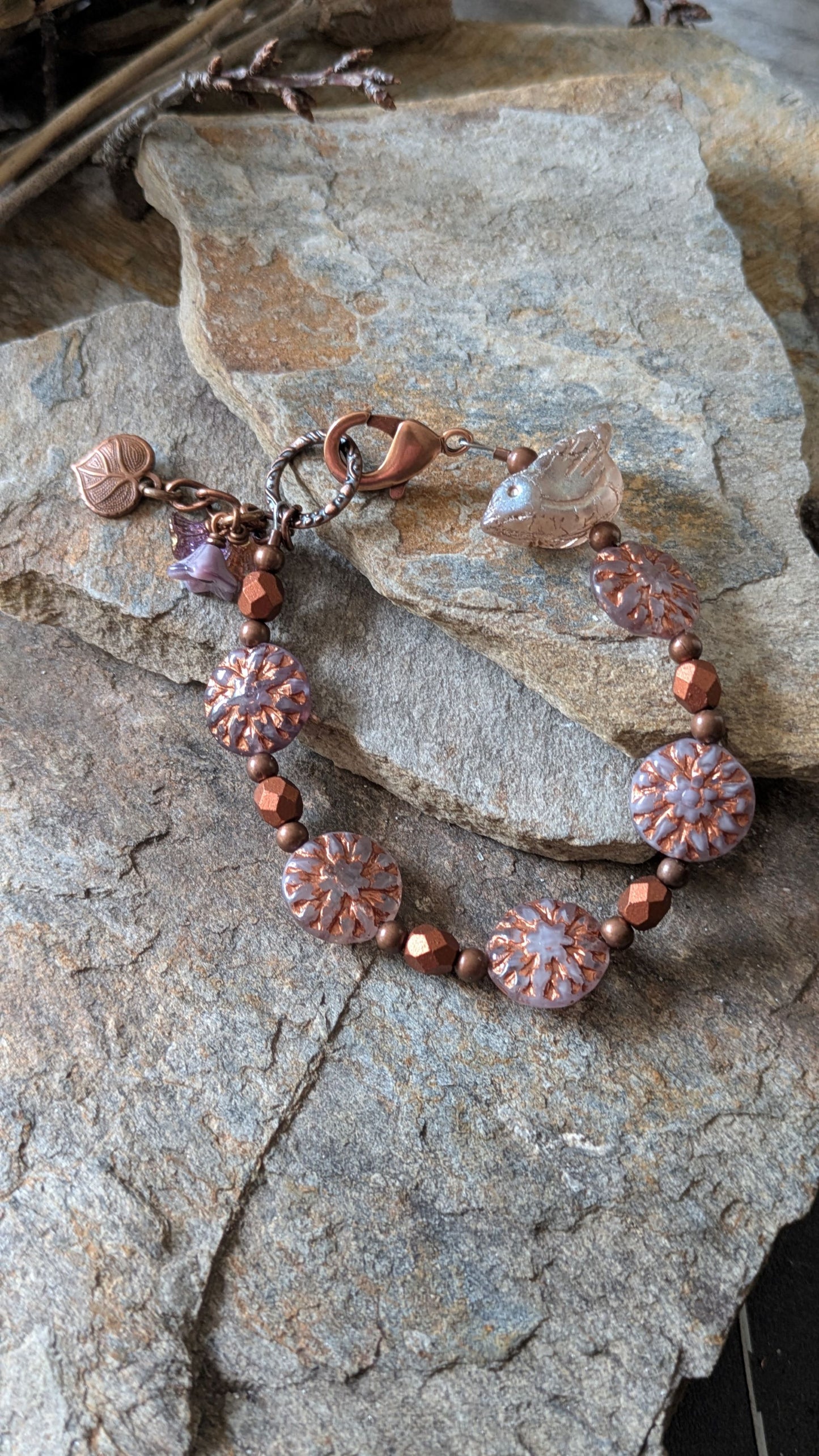 Beaded Bracelet ~ Bird Among the Flowers ~ Purple and Copper