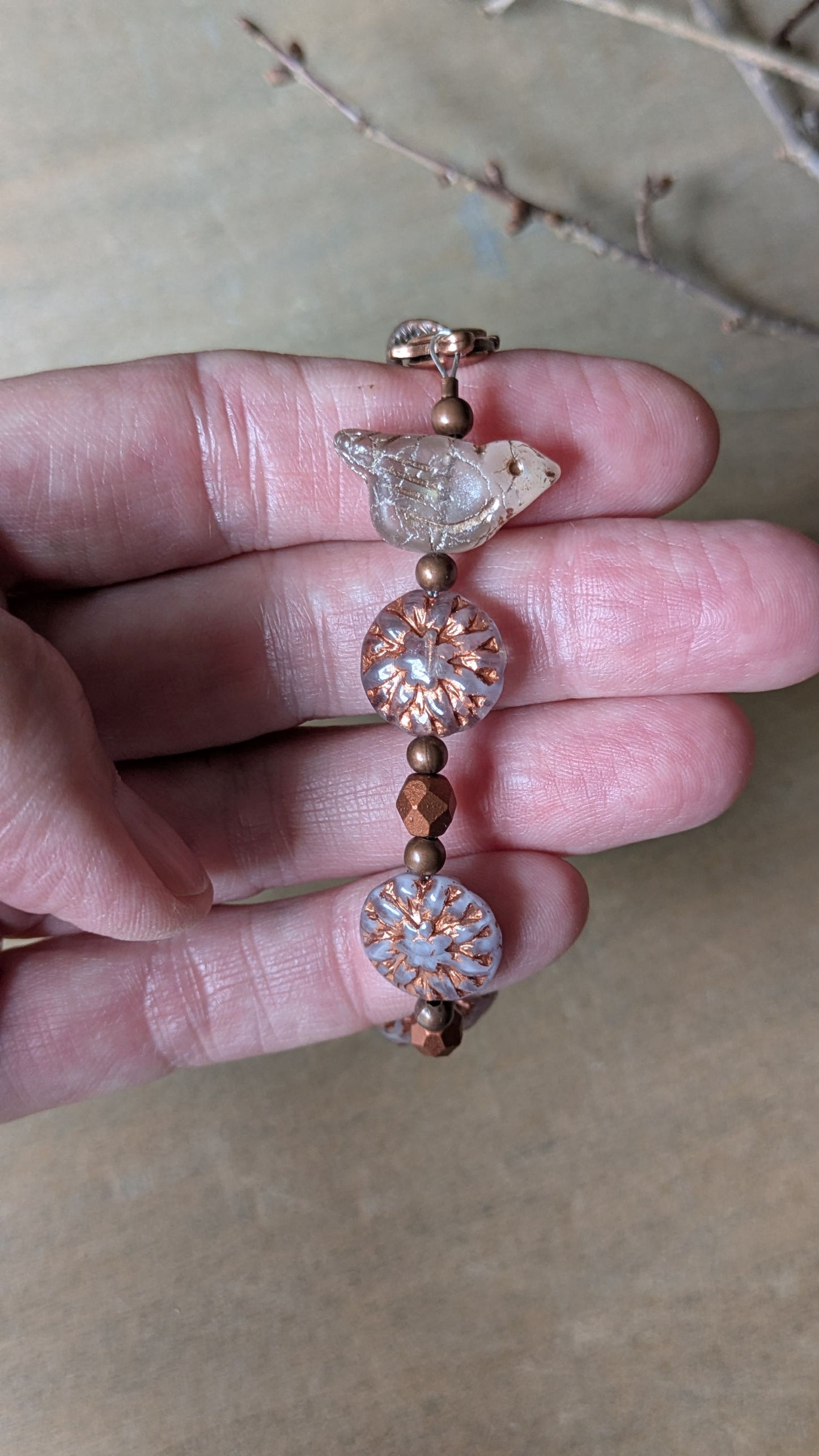 Beaded Bracelet ~ Bird Among the Flowers ~ Purple and Copper
