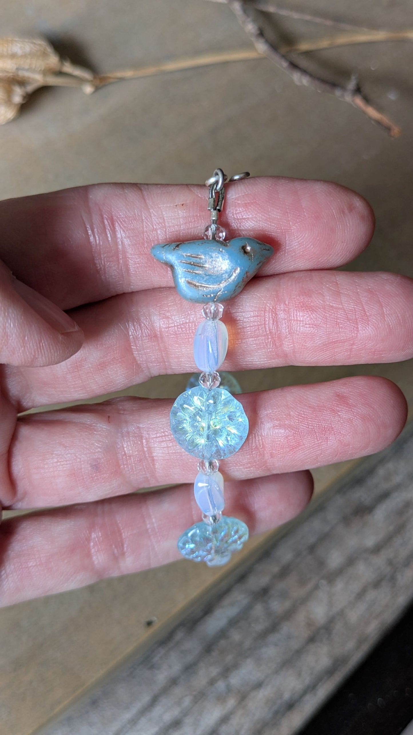 Beaded Bracelet ~ Bird Among the Flowers ~ Blue and White