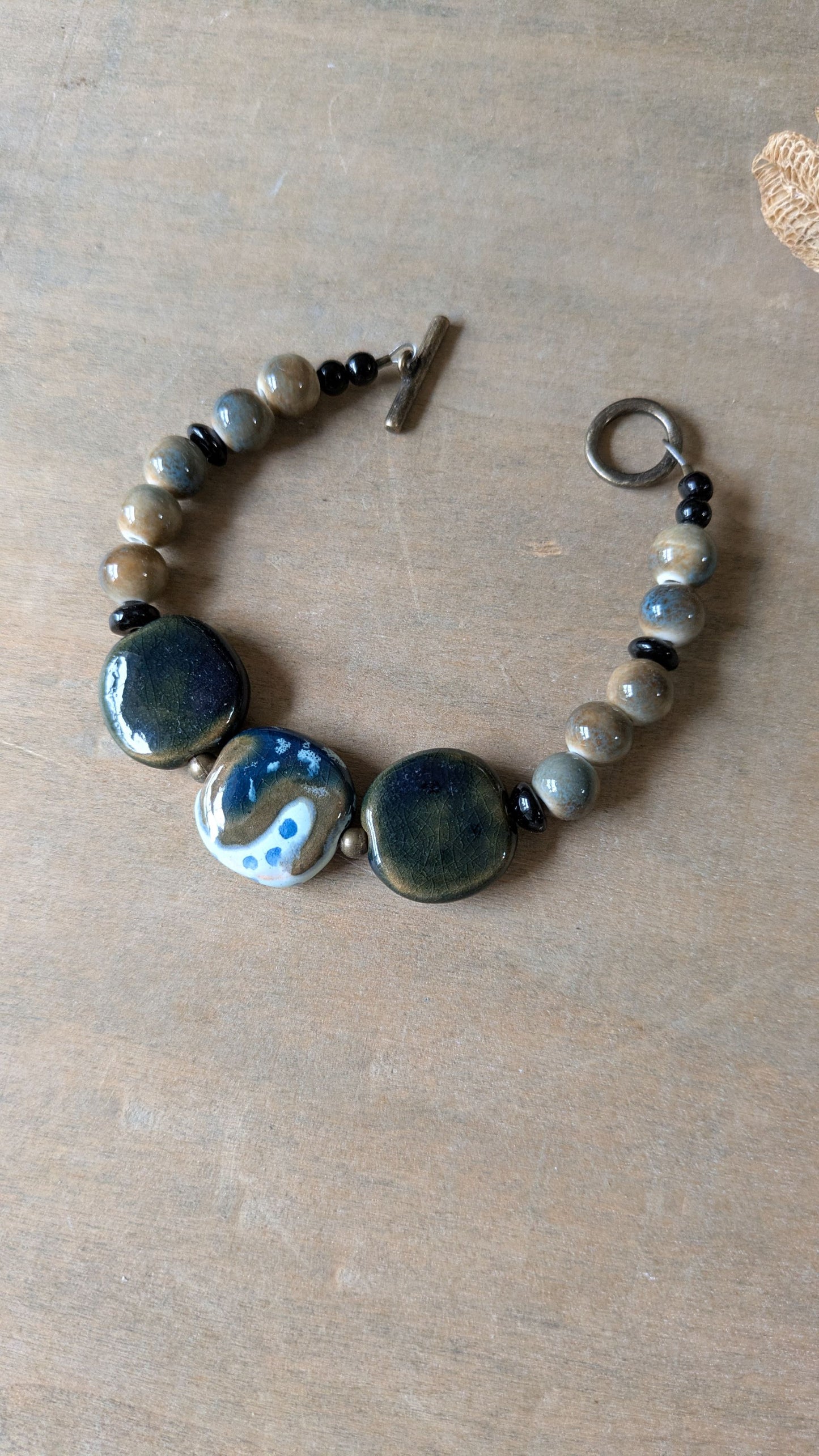 Beaded Ceramic Bracelet ~ Blue and Beige