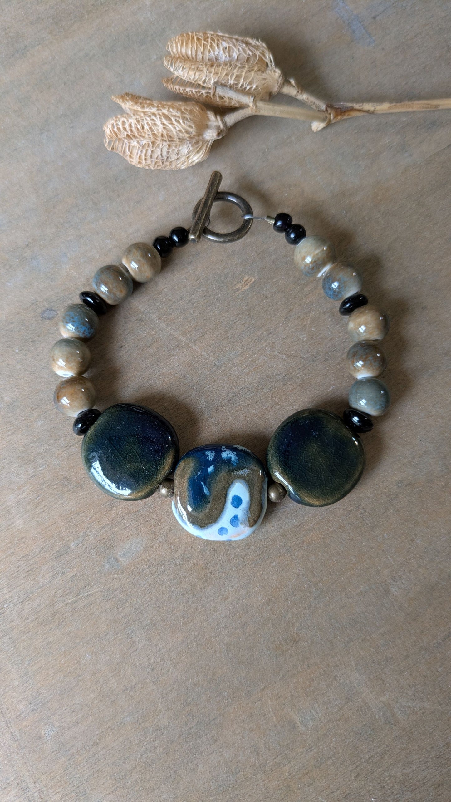 Beaded Ceramic Bracelet ~ Blue and Beige