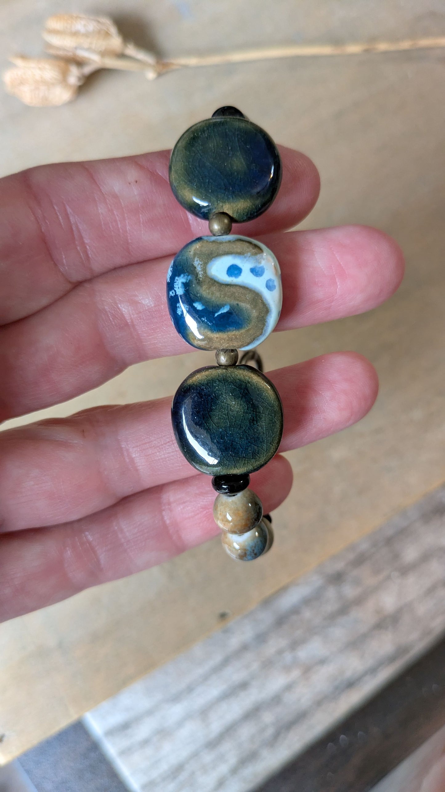 Beaded Ceramic Bracelet ~ Blue and Beige