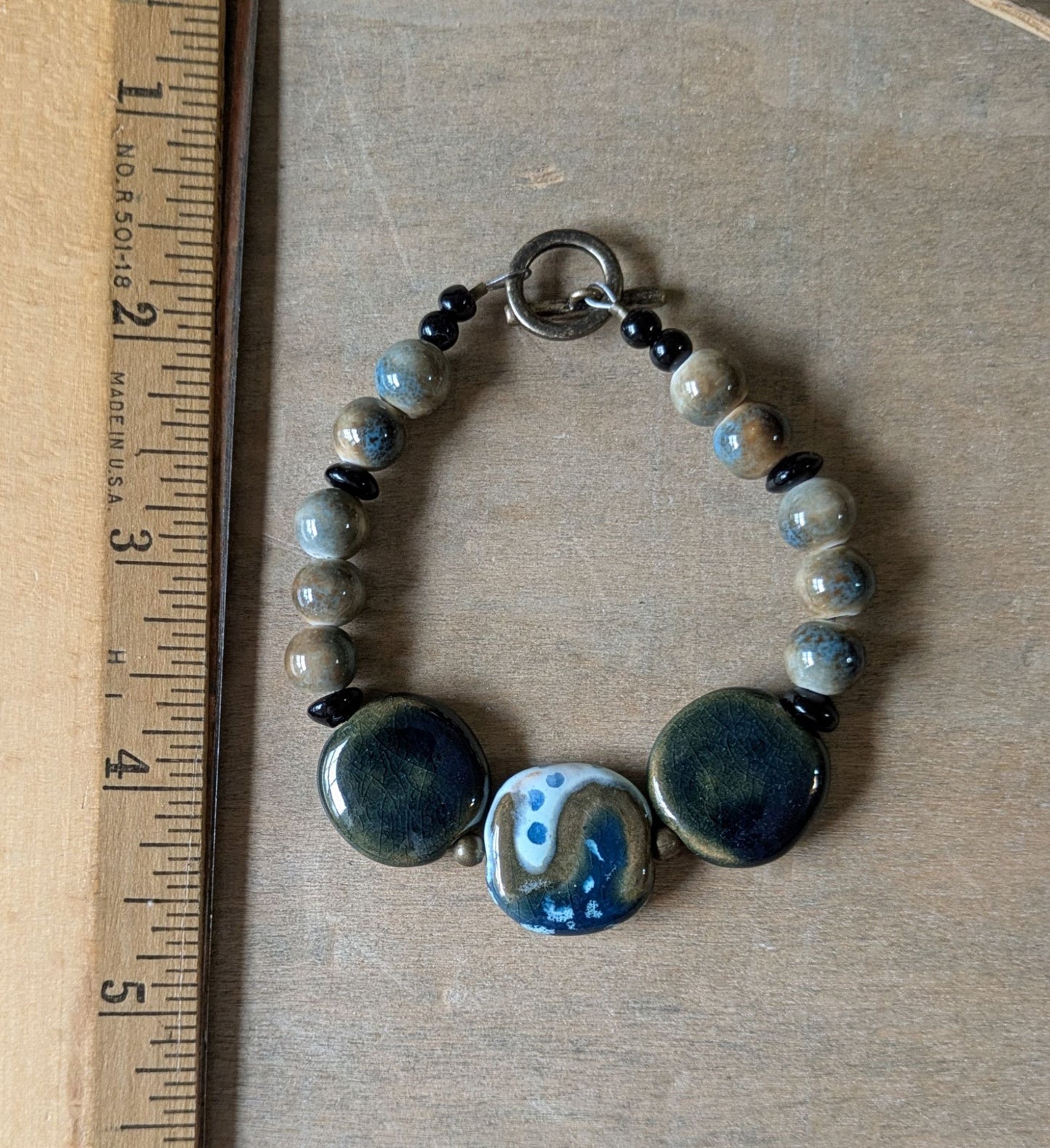 Beaded Ceramic Bracelet ~ Blue and Beige