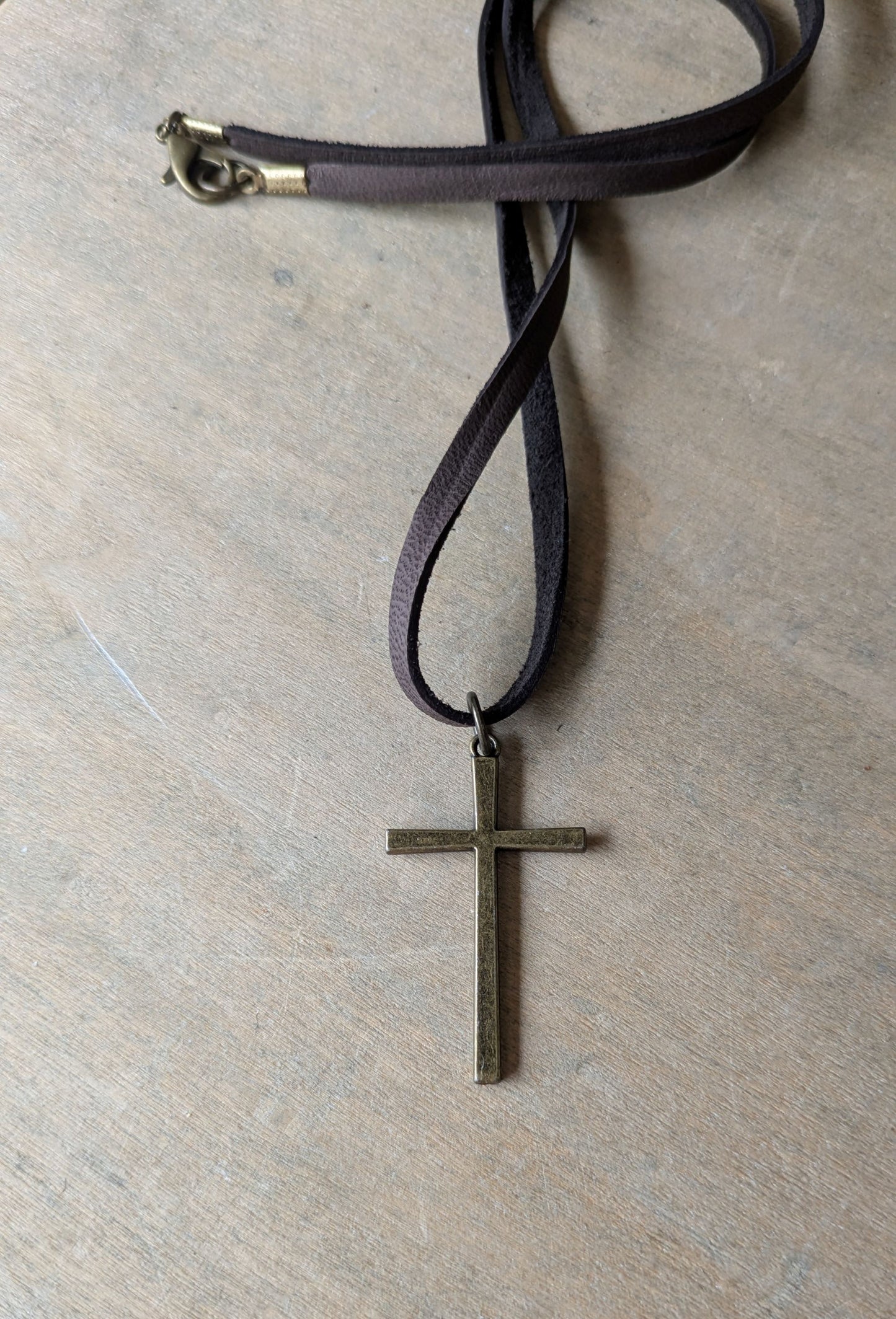 Men's Leather Cord Necklace Brass Cross