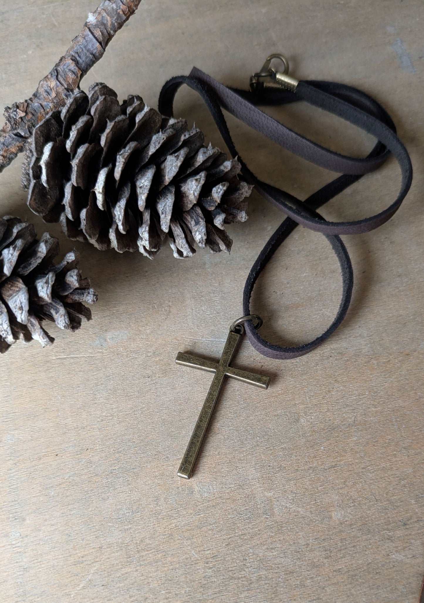 Men's Leather Cord Necklace Brass Cross