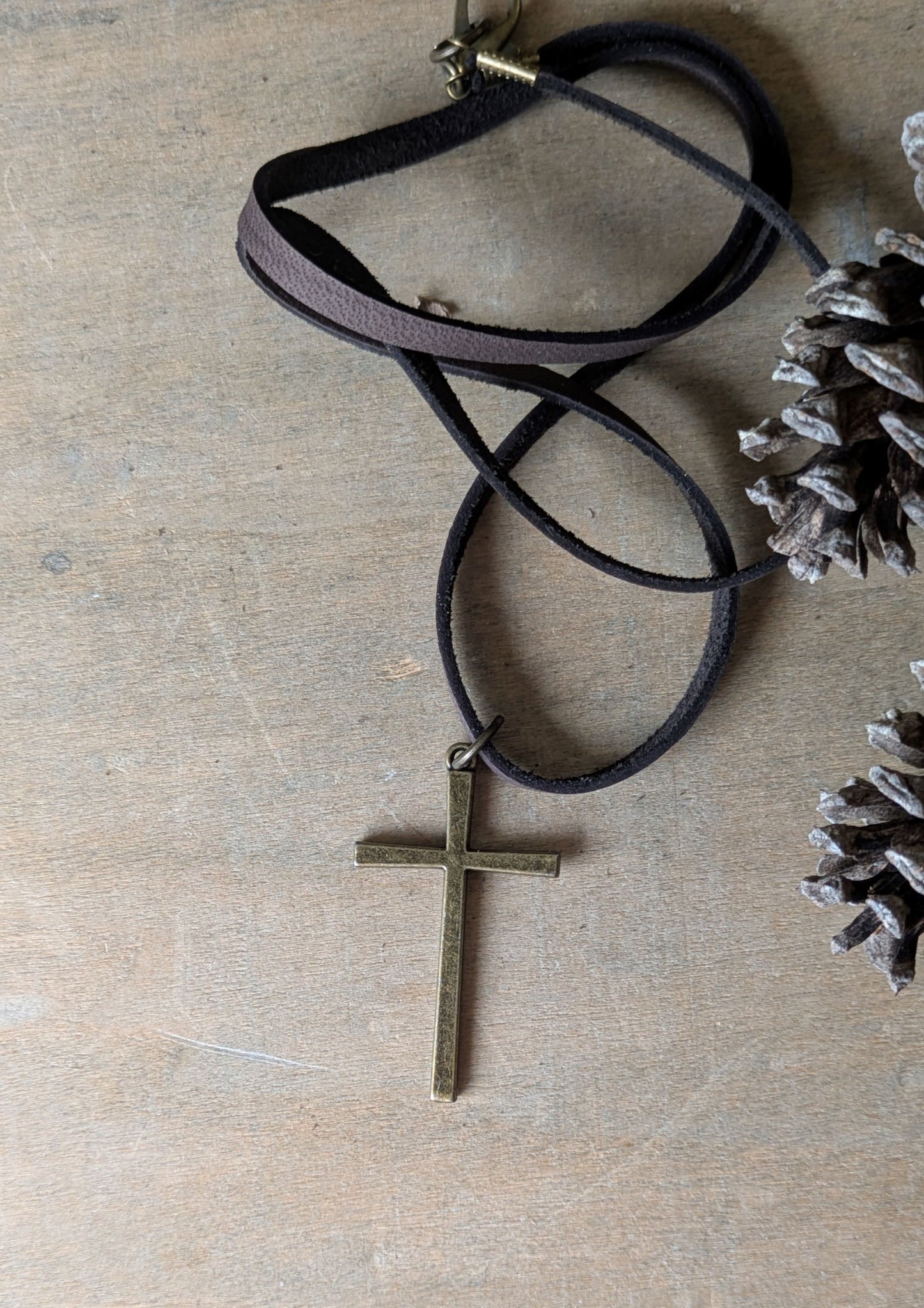 Men's Leather Cord Necklace Brass Cross