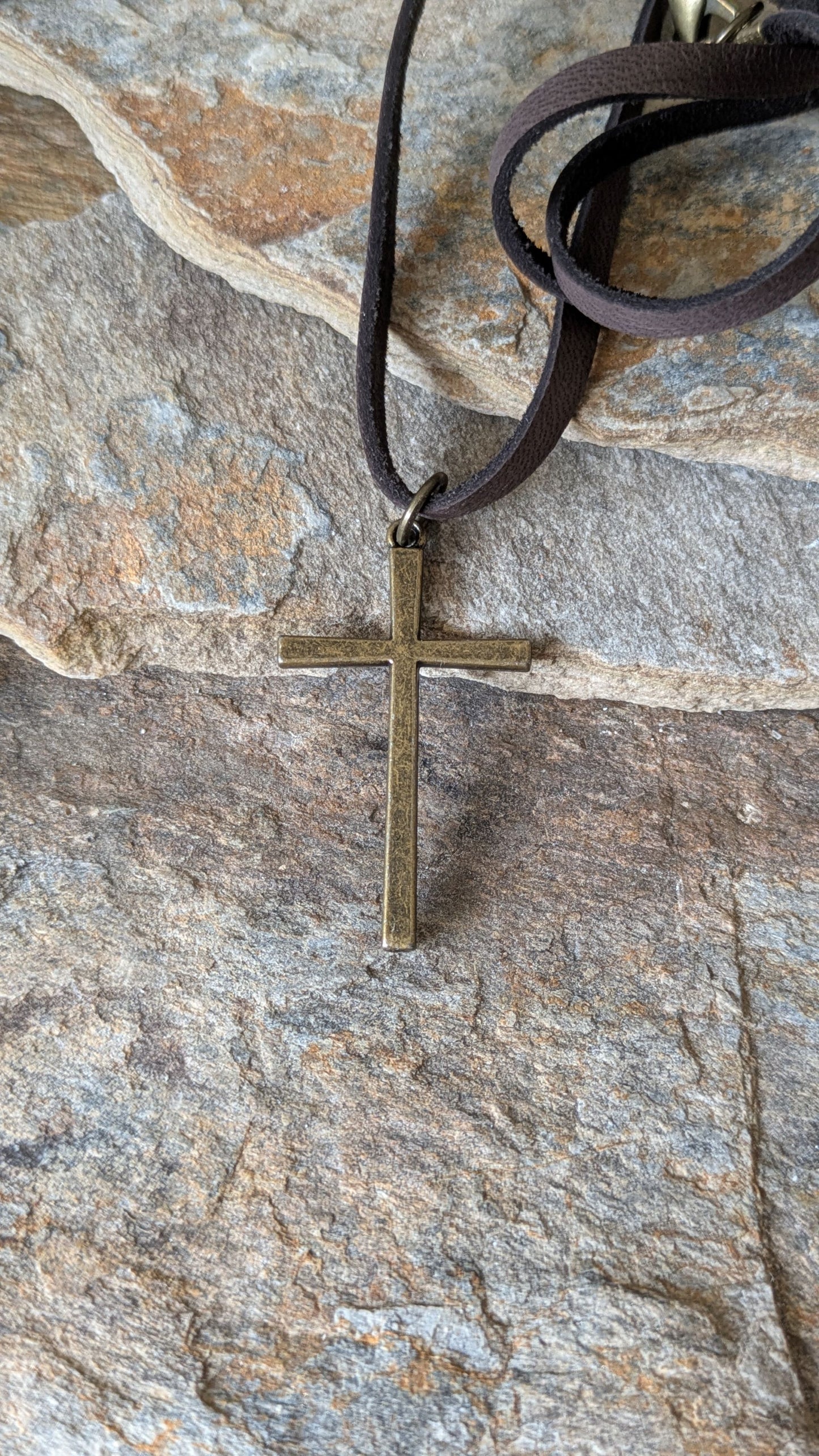 Men's Leather Cord Necklace Brass Cross