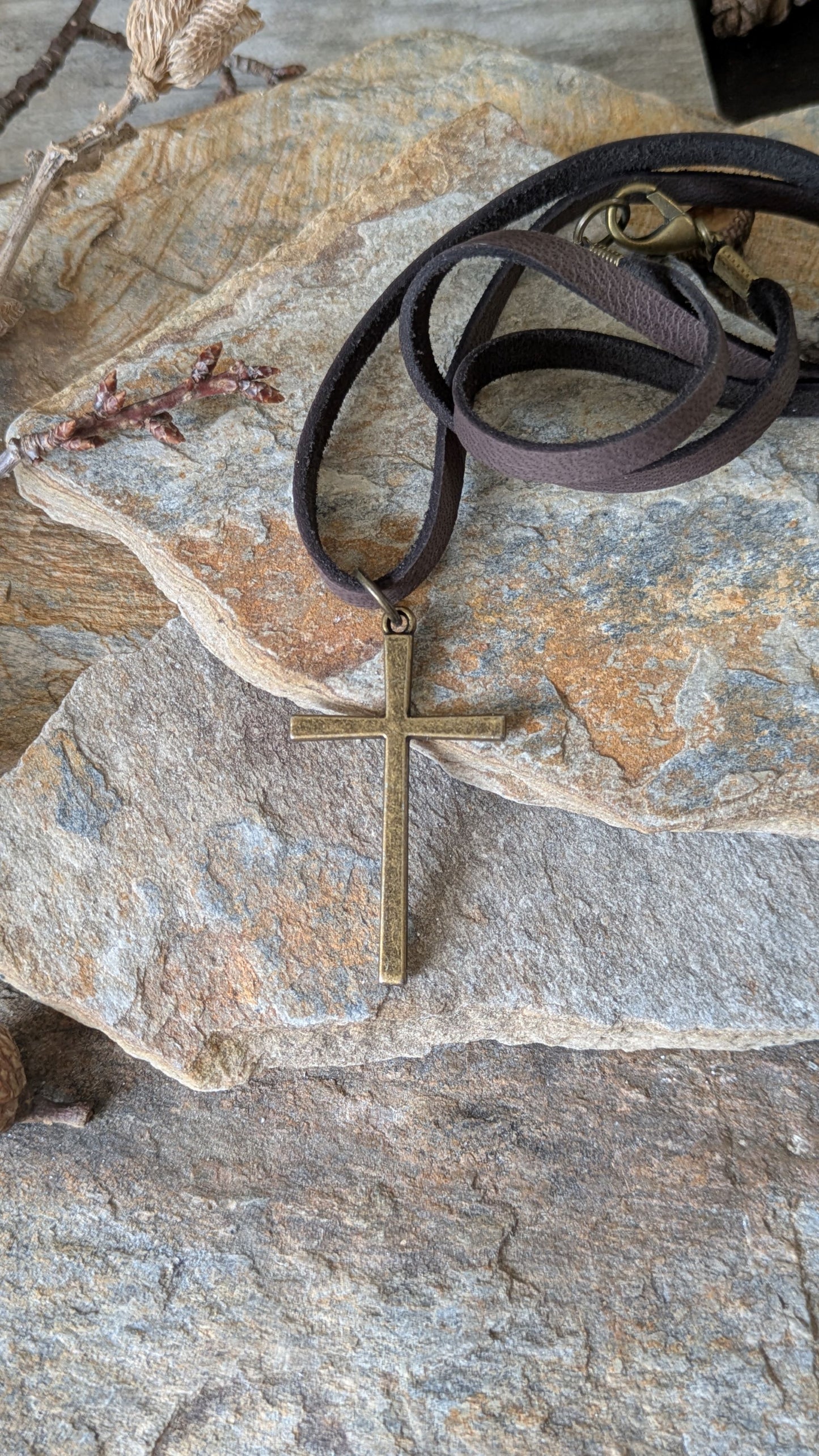 Men's Leather Cord Necklace Brass Cross