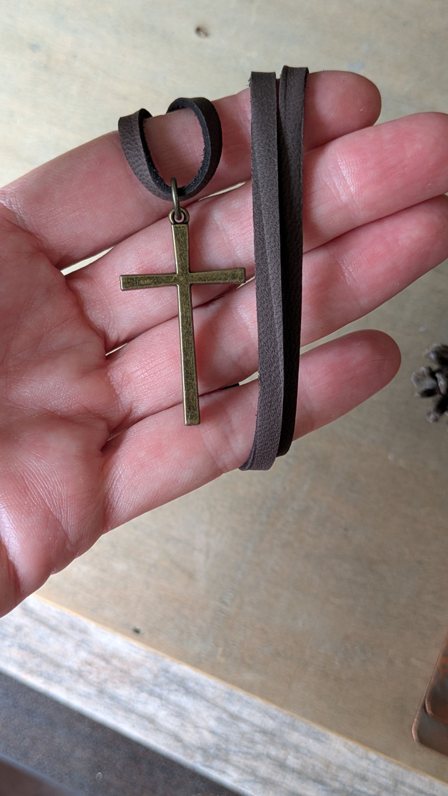 Men's Leather Cord Necklace Brass Cross