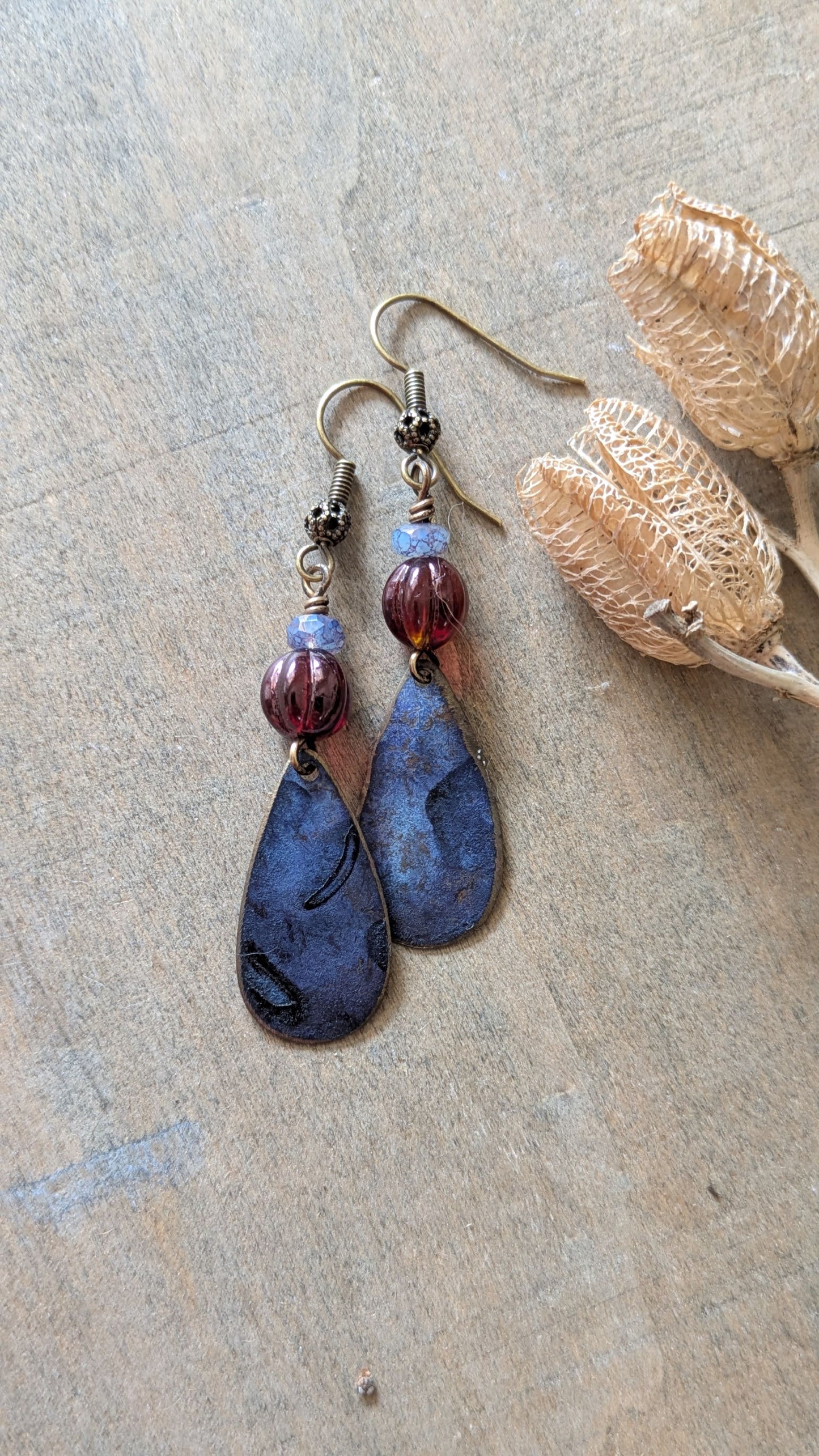 Patinated Brass Dangles ~ Purple and Red
