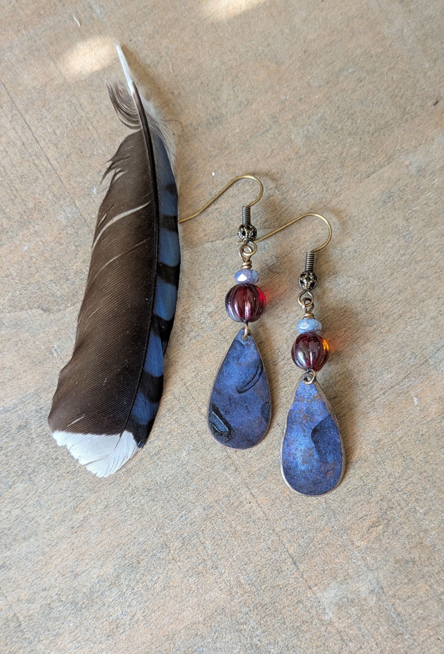 Patinated Brass Dangles ~ Purple and Red