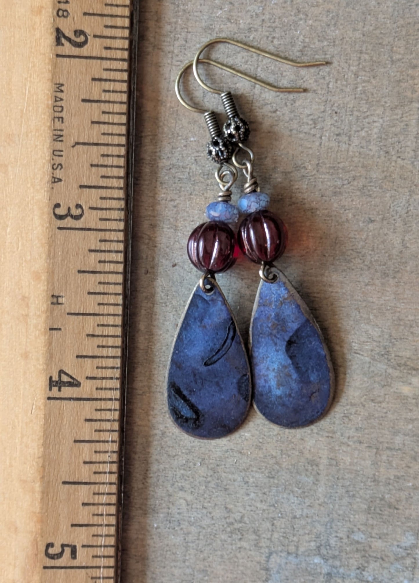 Patinated Brass Dangles ~ Purple and Red