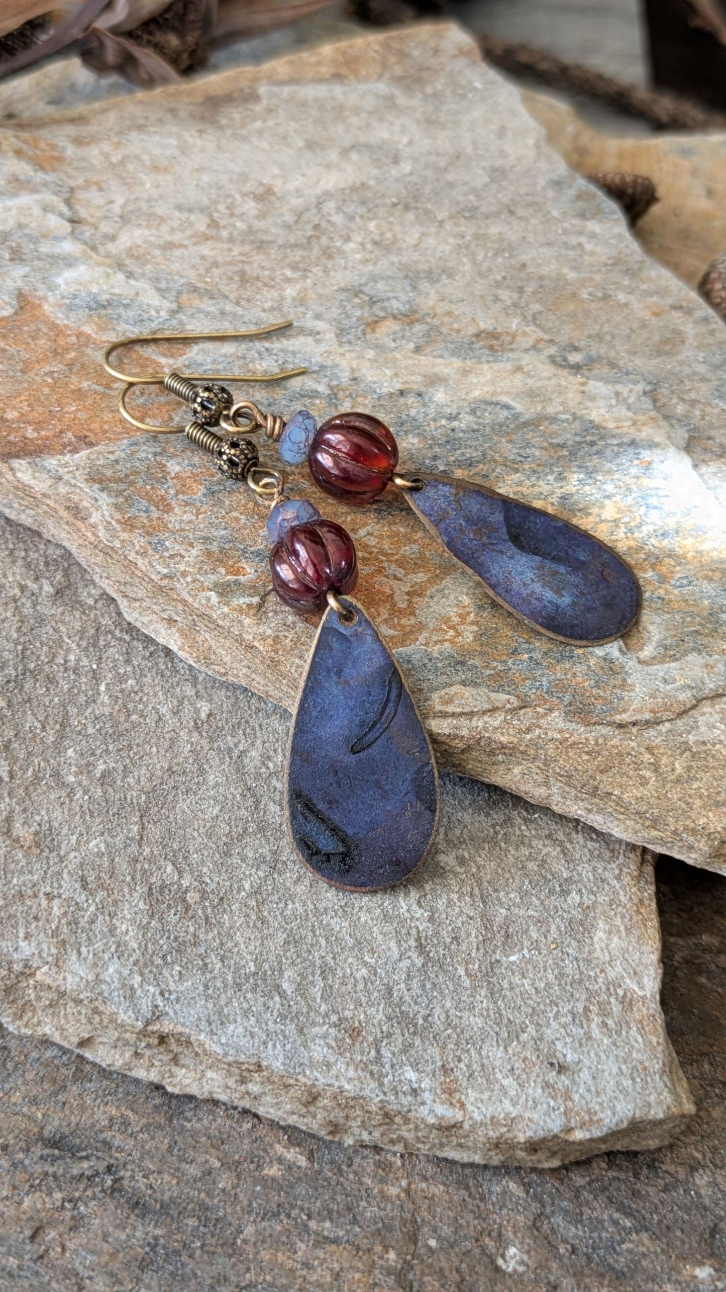 Patinated Brass Dangles ~ Purple and Red