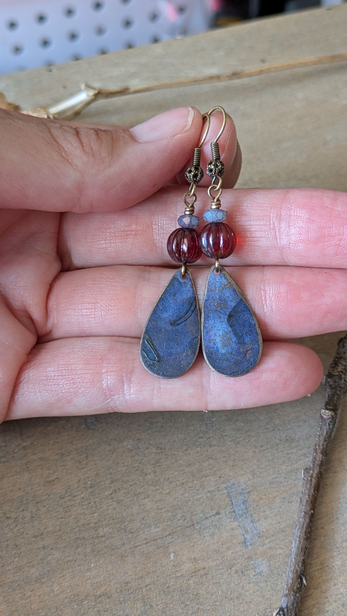 Patinated Brass Dangles ~ Purple and Red