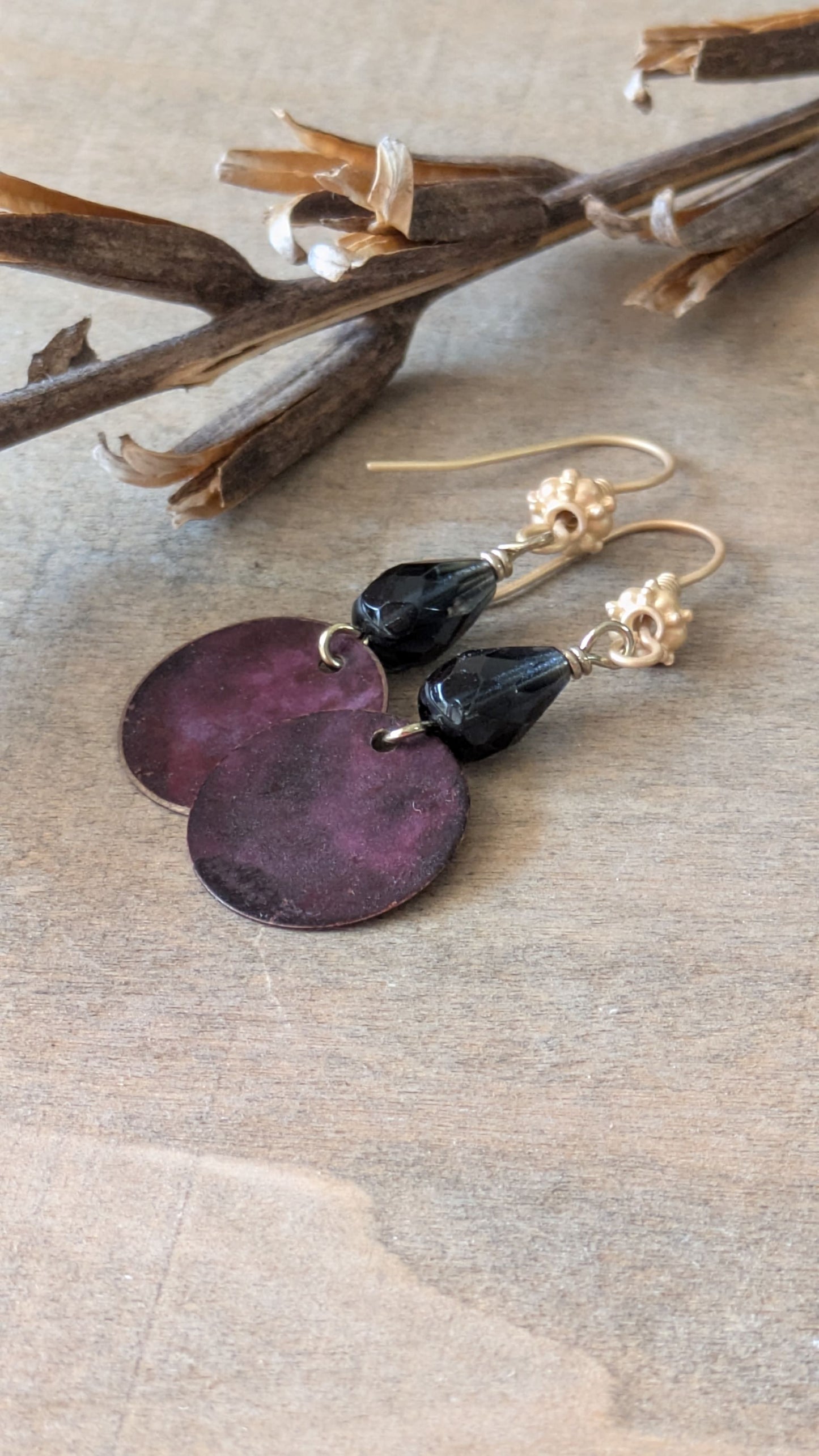 Patinated Brass Dangles ~ Moody Purple