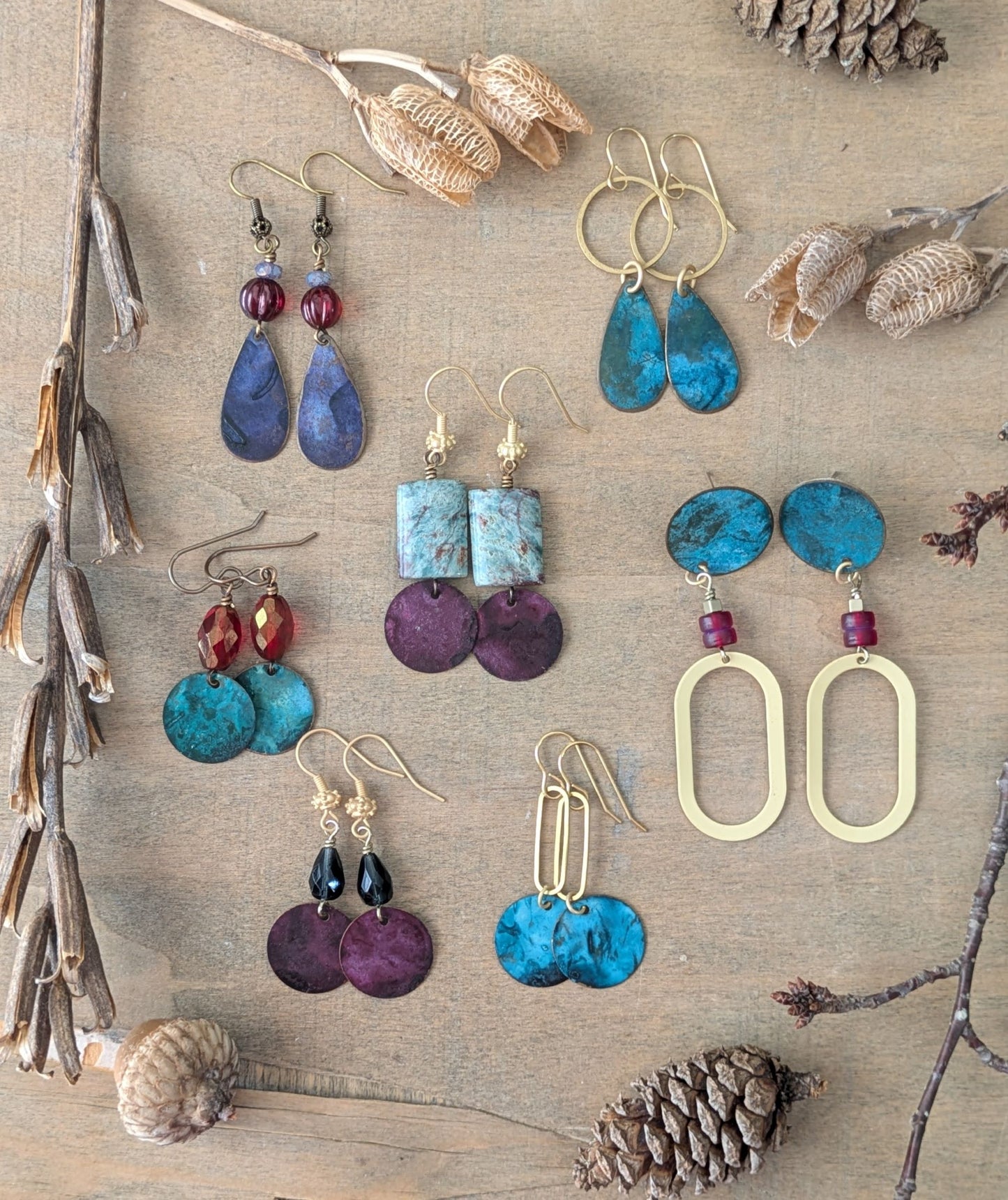 Patinated Brass Dangles ~ Purple and Red