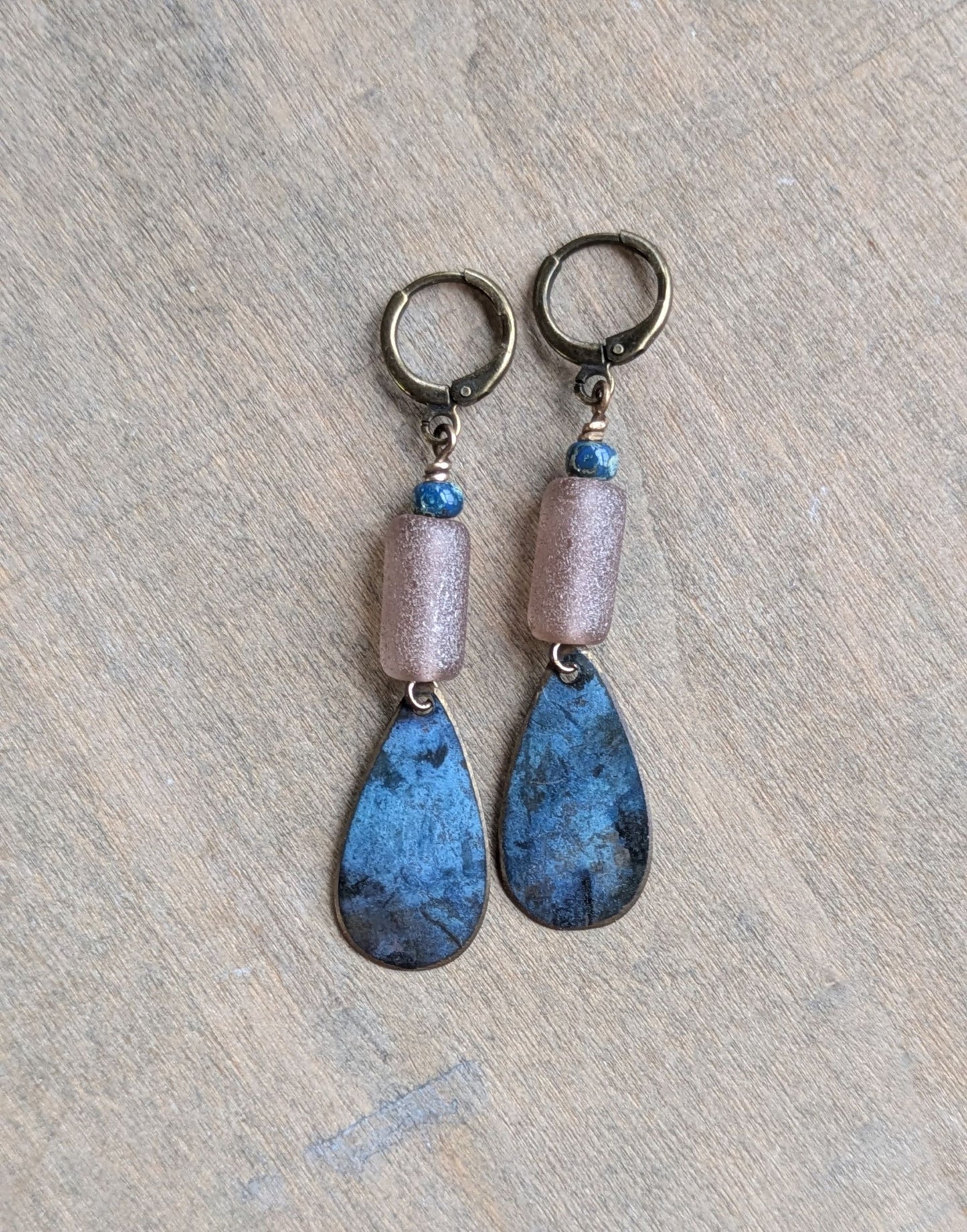 Patinated Brass Dangles ~ Dusty Pink and Blue