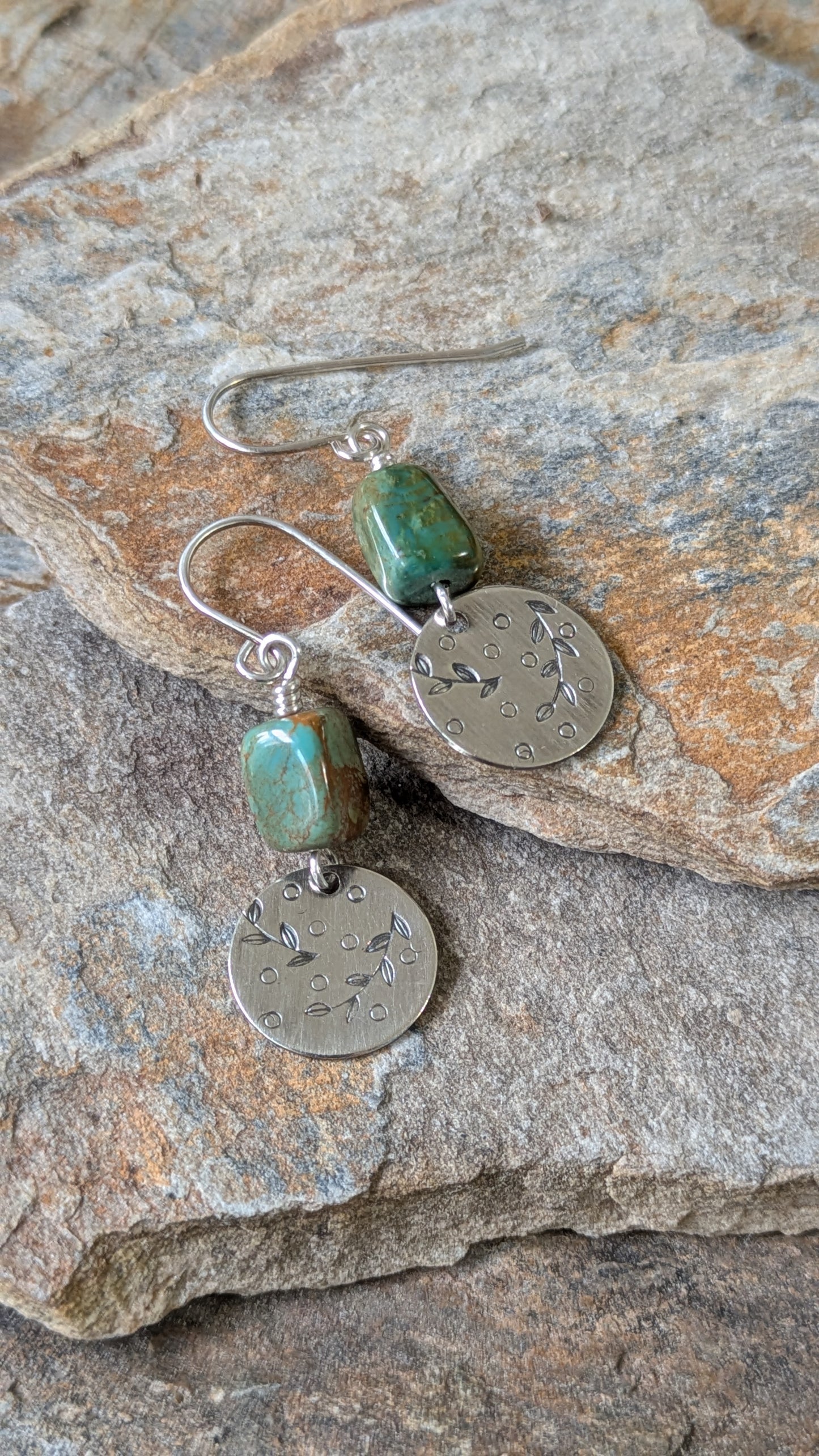 Turquoise Earrings ~Stamped Silver Disc ~ Leafy Branch