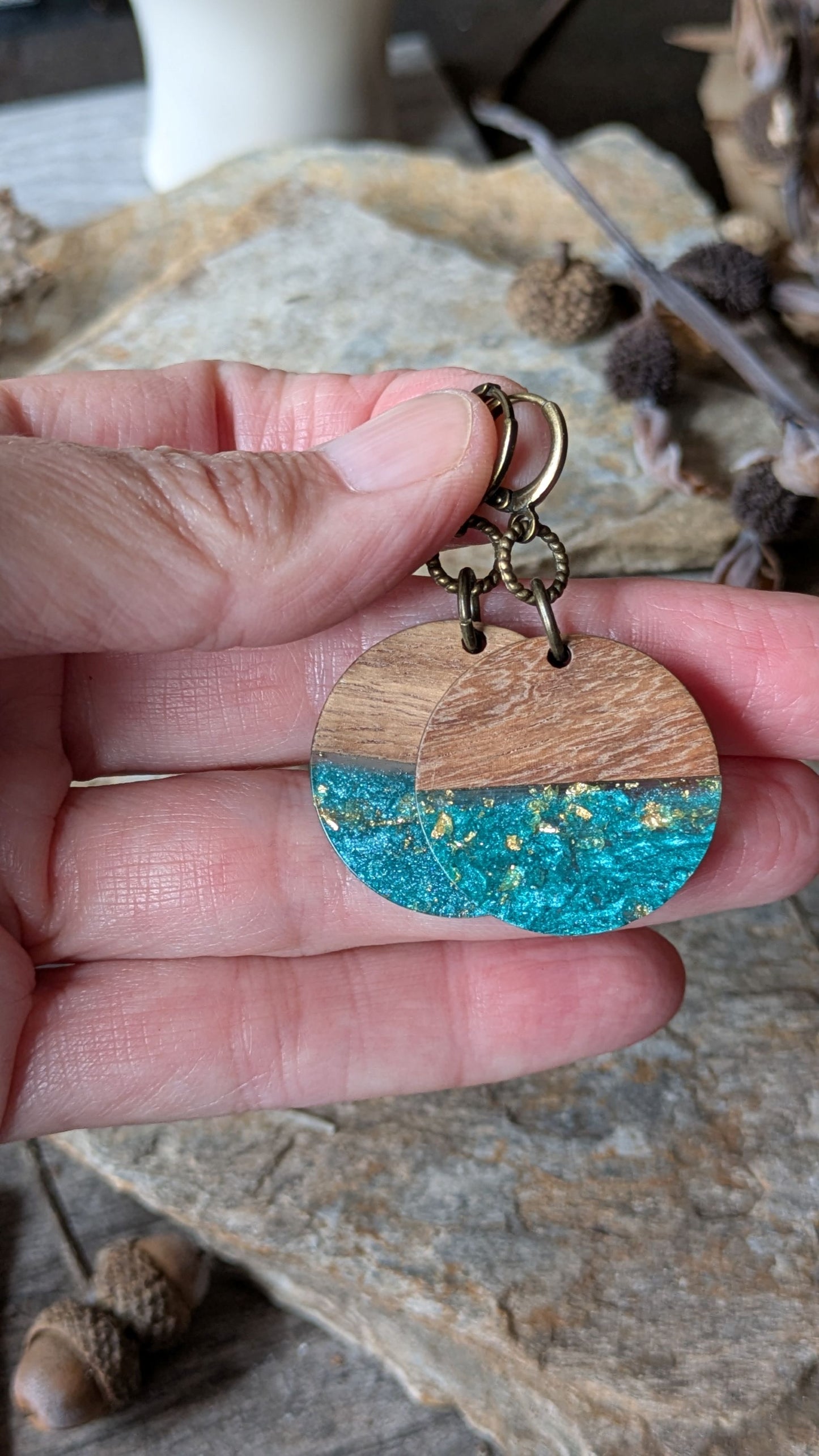 Wood and Resin Earrings ~ Sea Green