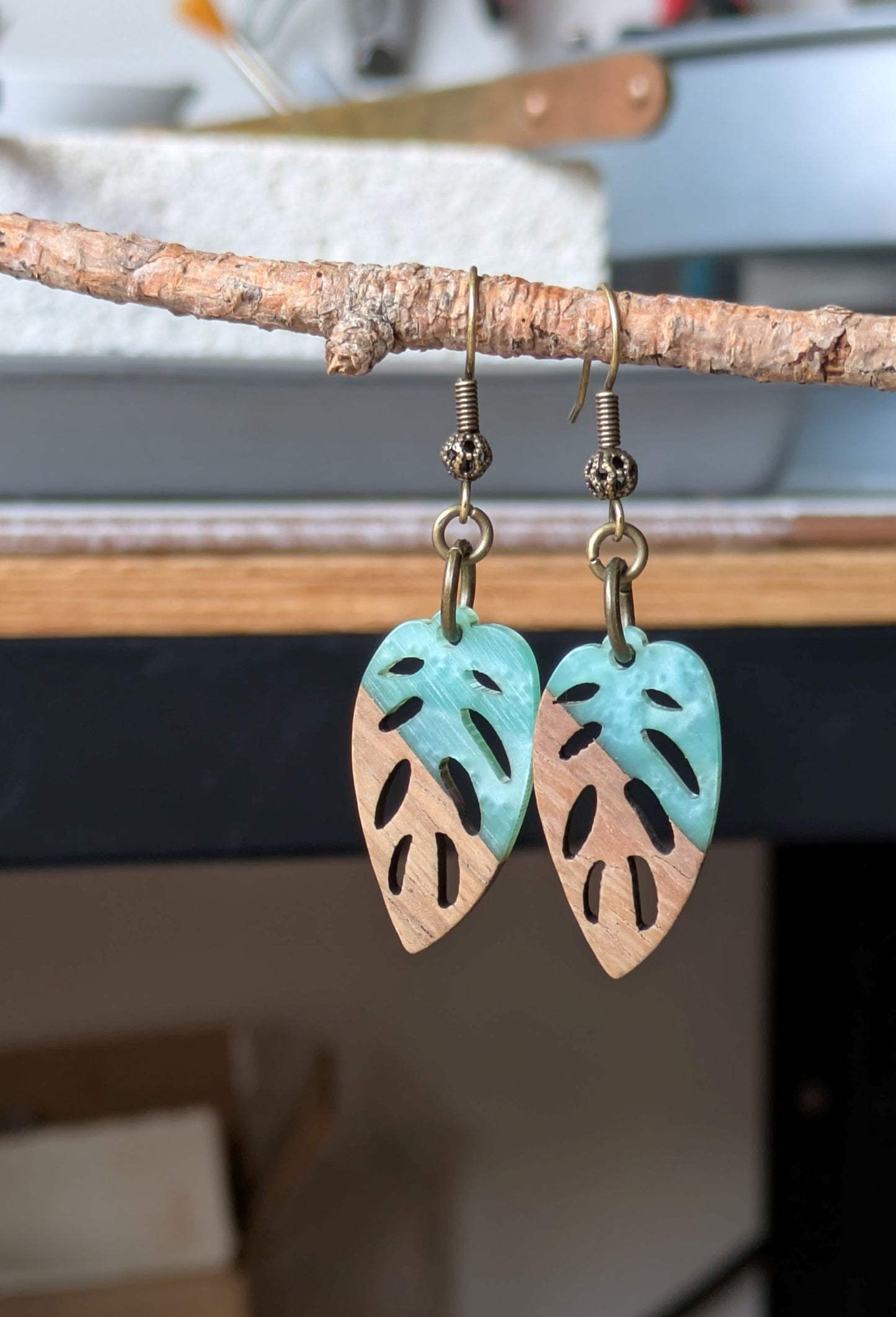 Wood and Resin Earrings ~ Leafy Dangles