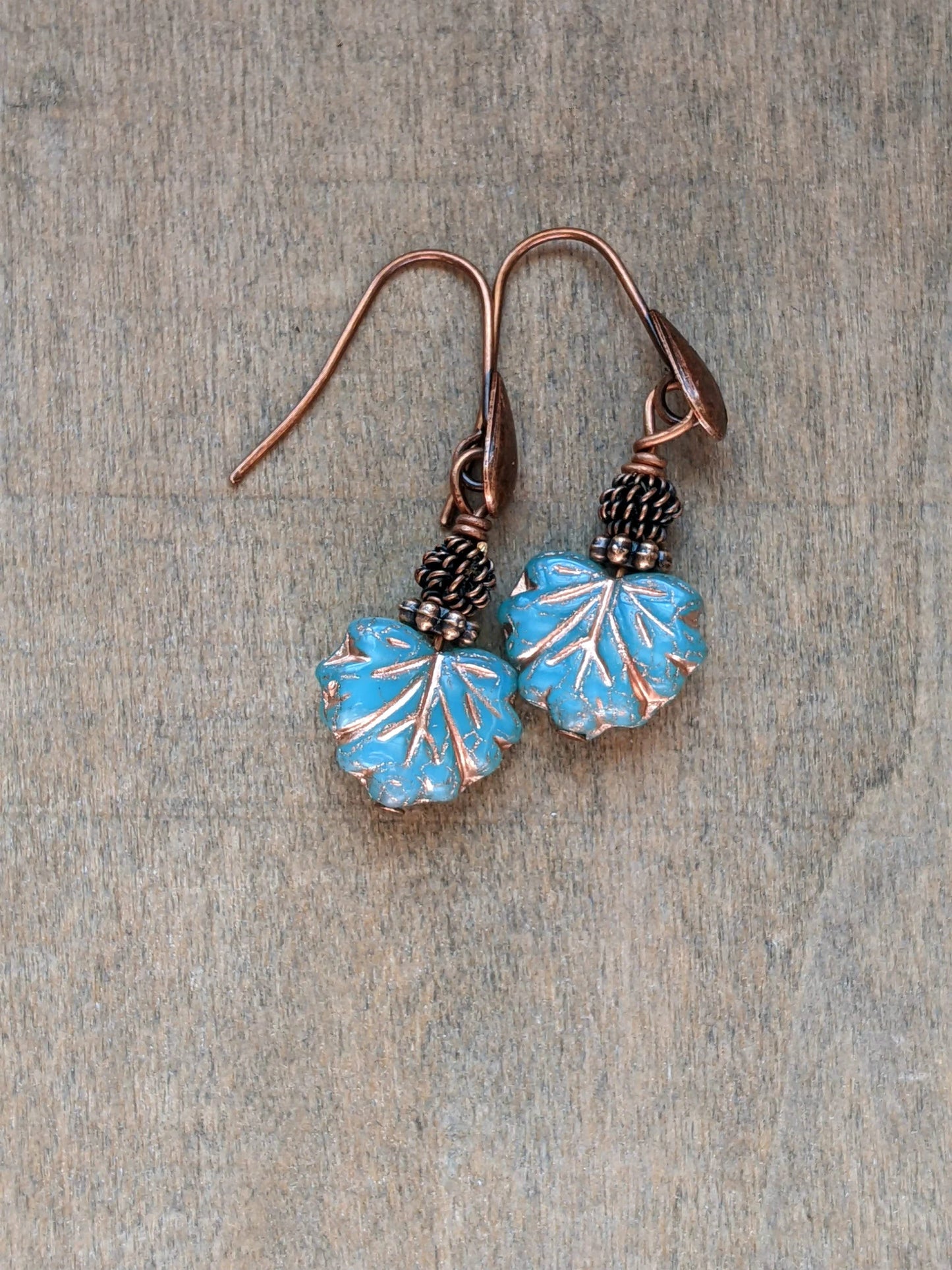 Maple Leaf Earrings ~ Sky Blue and Copper