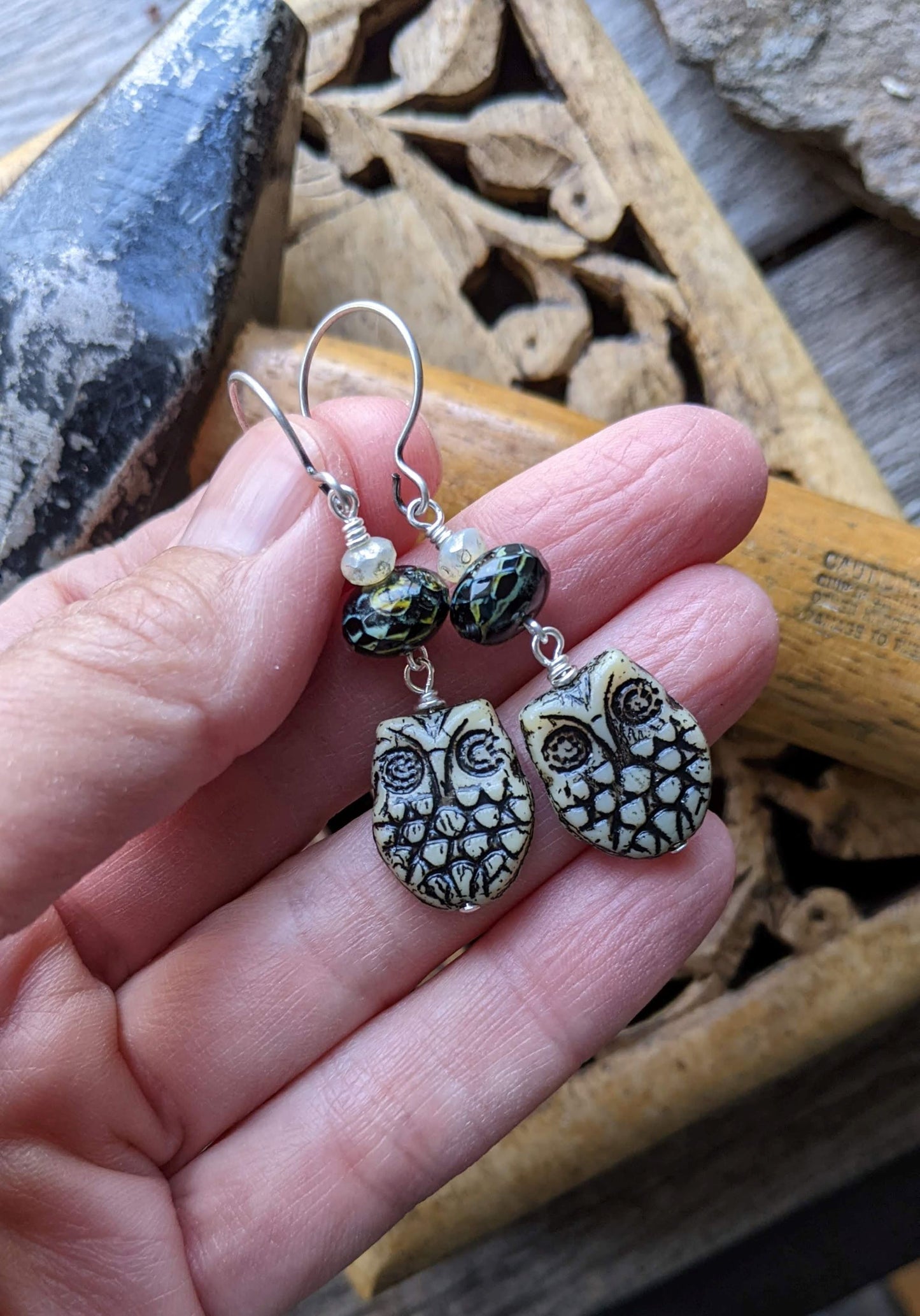 Owl Earrings ~ Black and Cream Glass