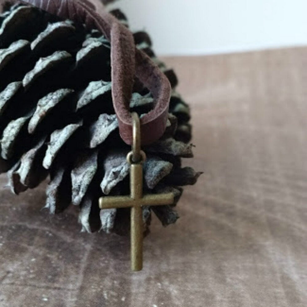 Men's Leather Cord Necklace Small Brass Cross