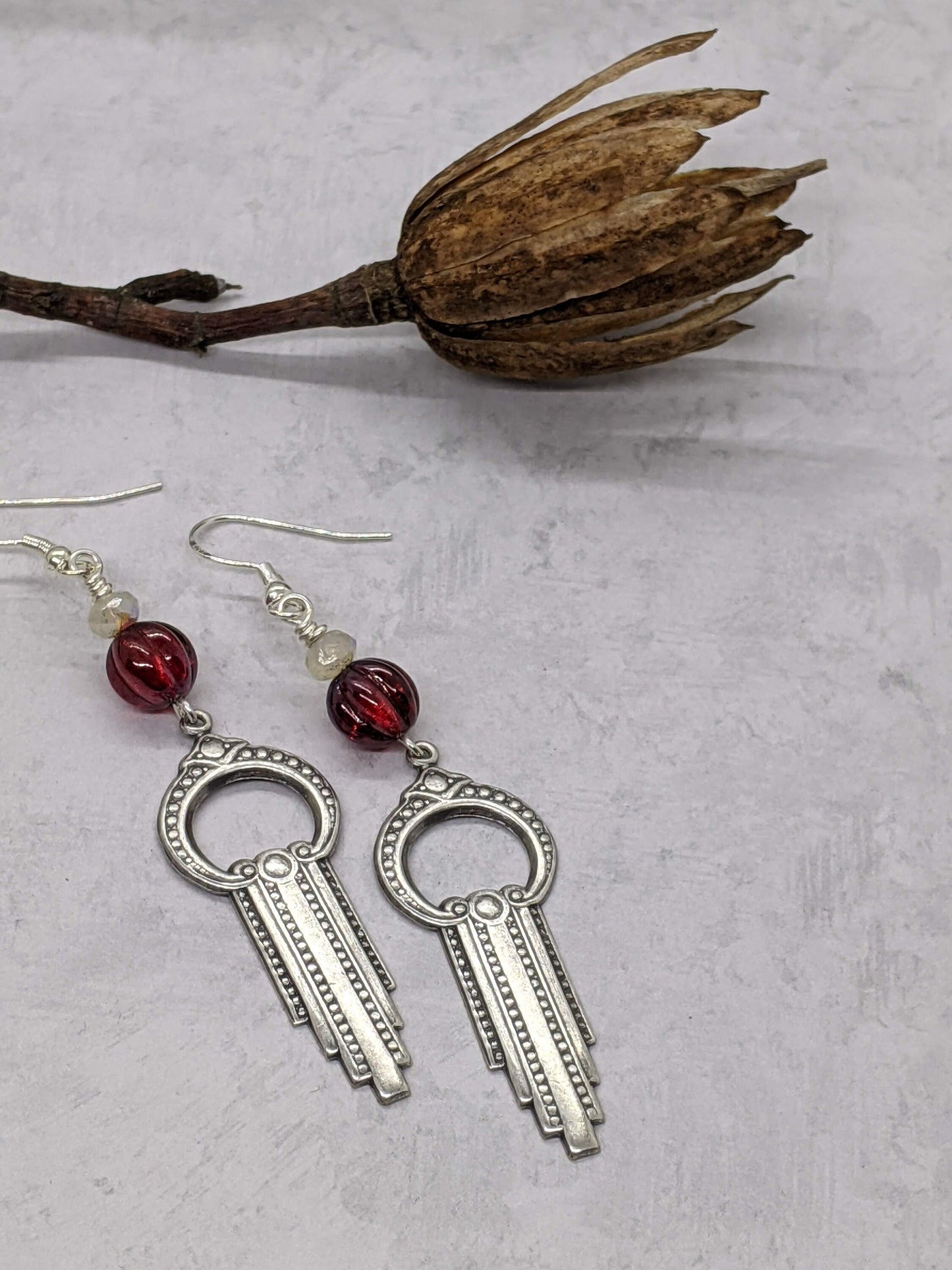 Long dangle earrings red glass