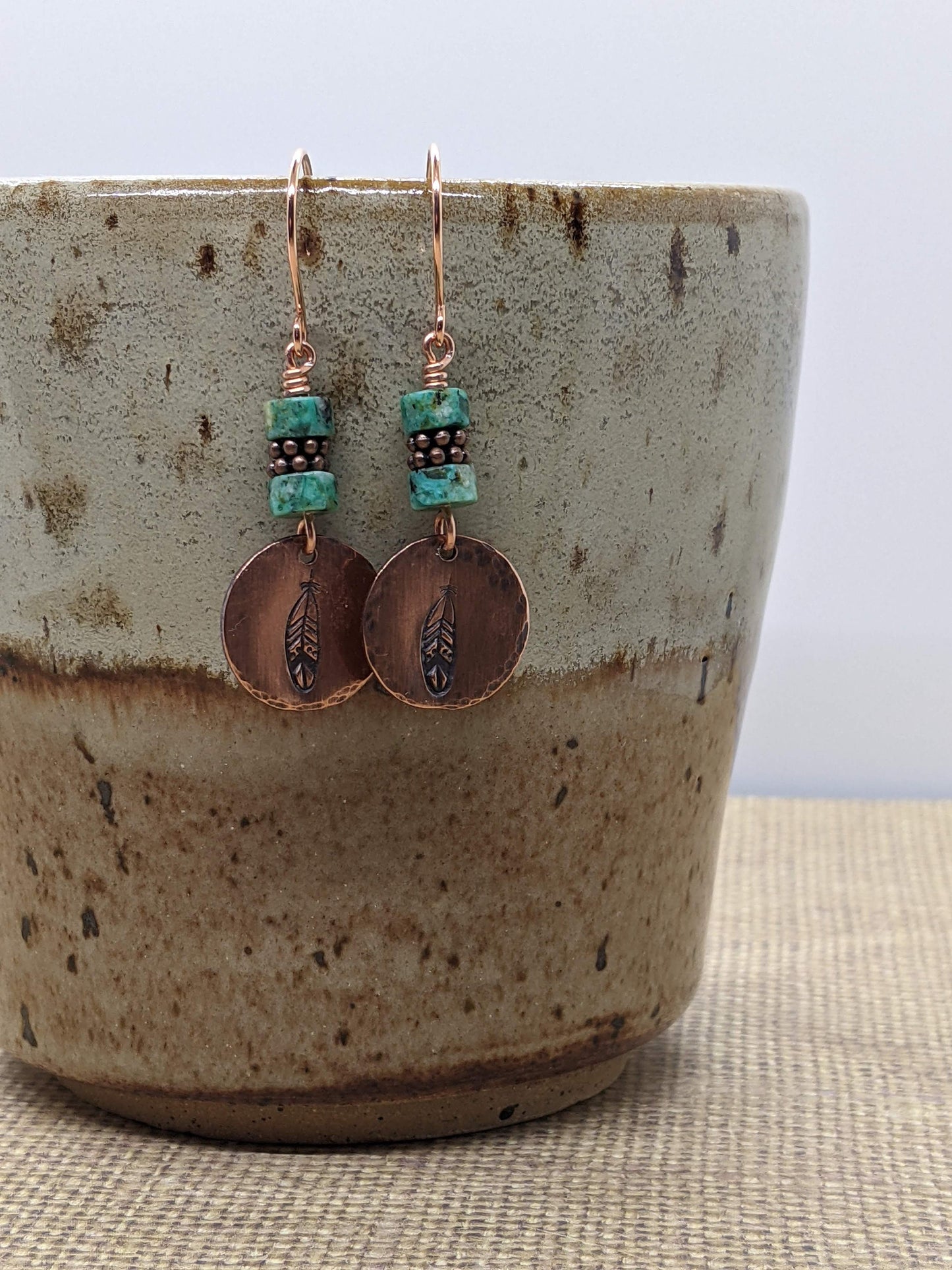 Hand Stamped Copper Earrings Feather