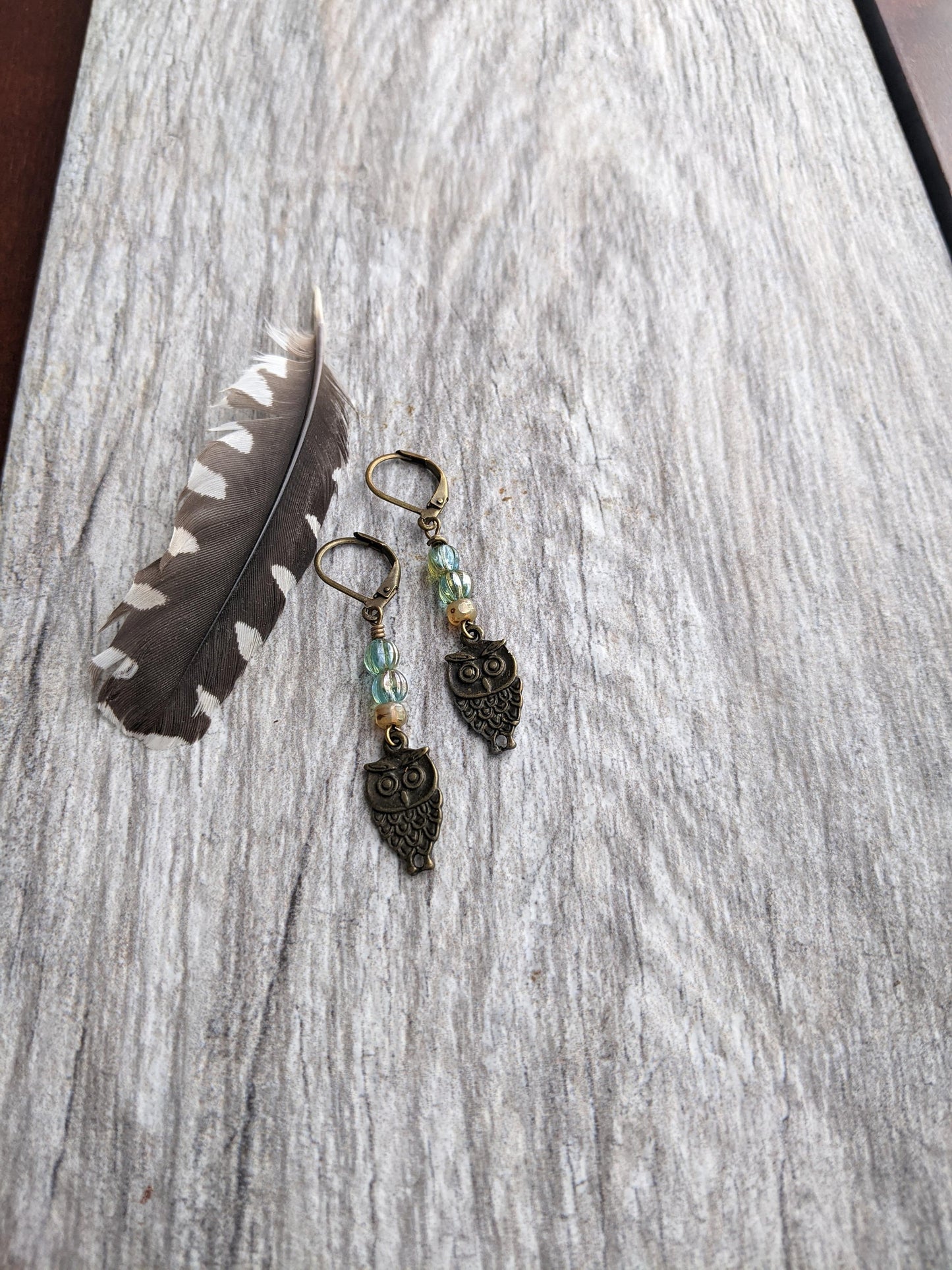 Owl Earrings Green Glass and Brass