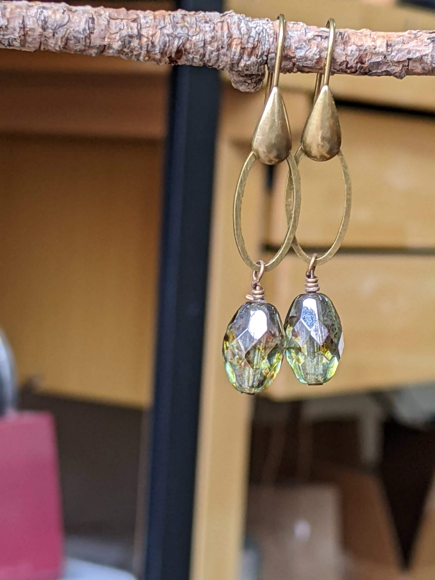 Green Glass and Brass Earrings