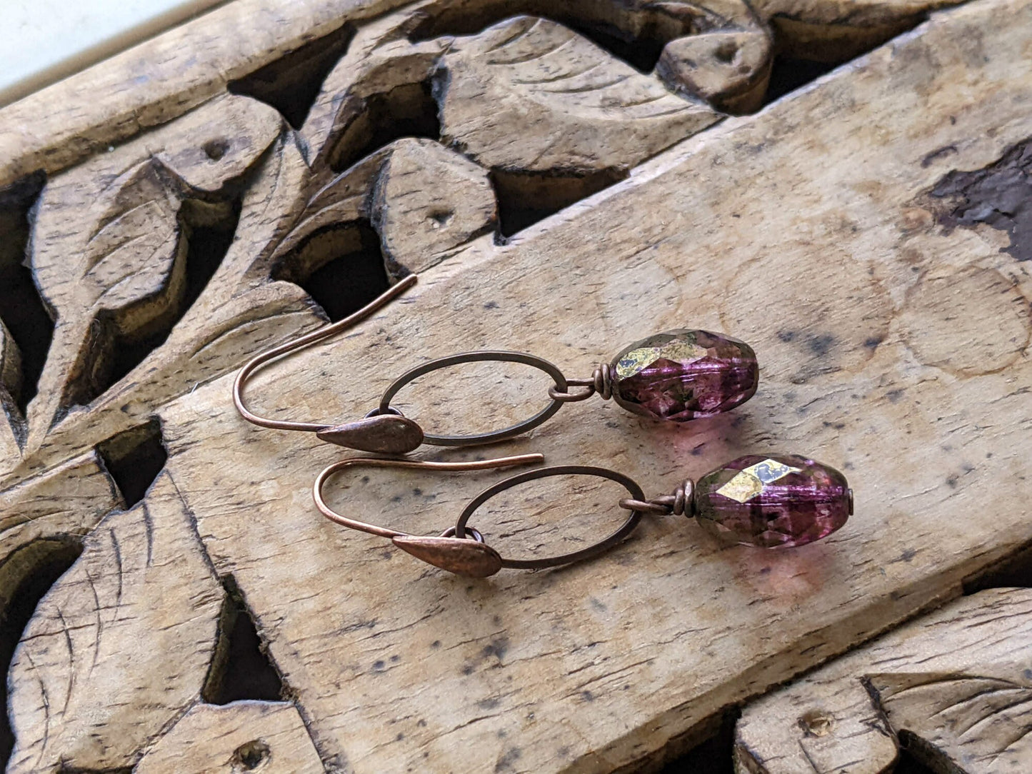 Copper Earrings Purple Glass