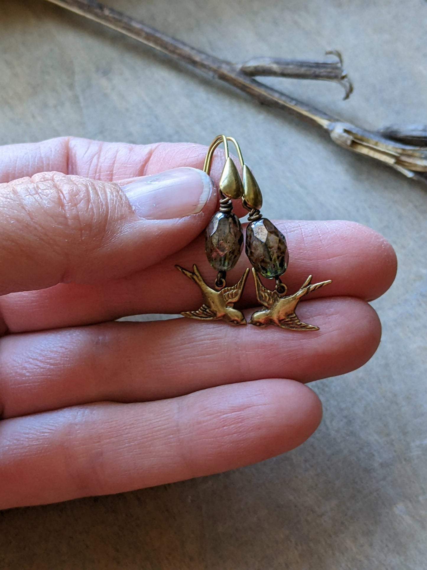 Bird Earrings Green Glass and Brass