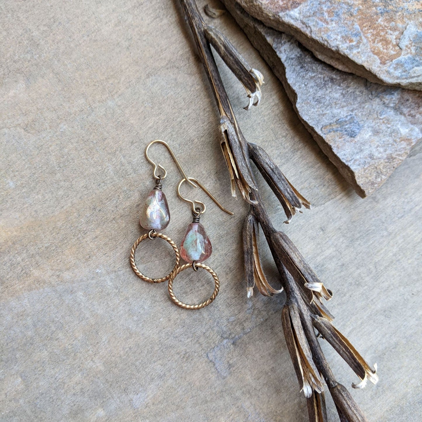 Pink Glass and Brass Earrings