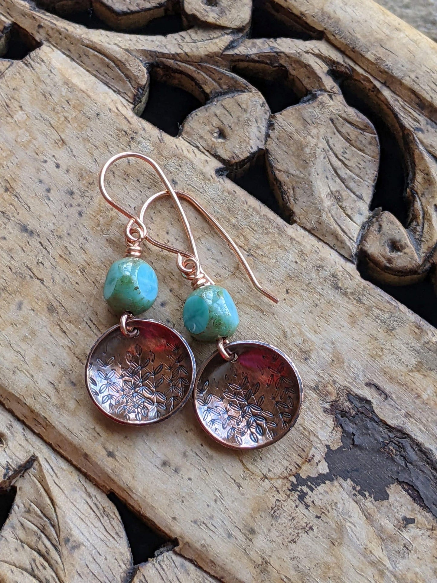 Copper Earrings Green Glass