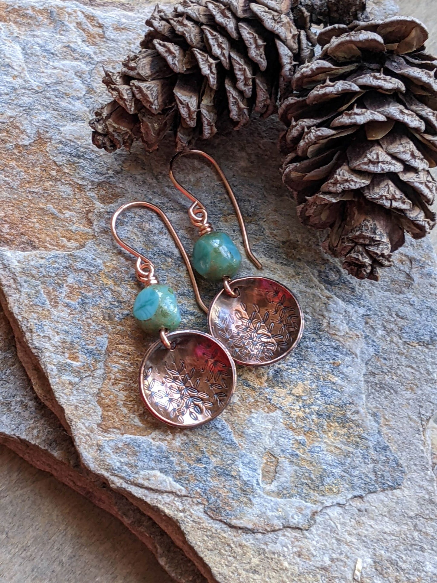Copper Earrings Green Glass