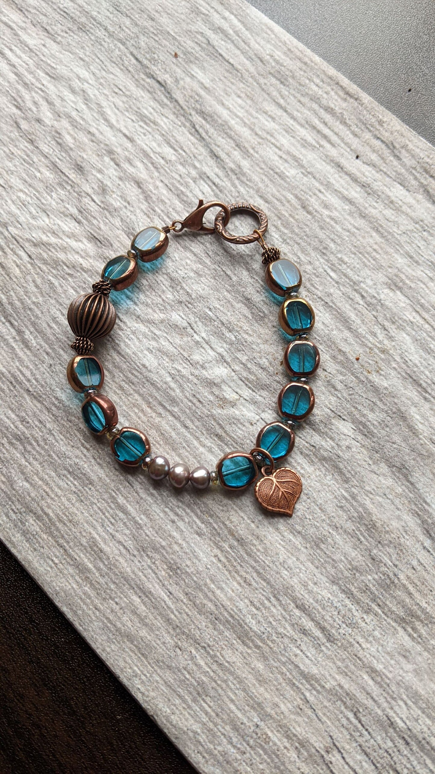 Beaded Bracelet Blue Glass and Copper