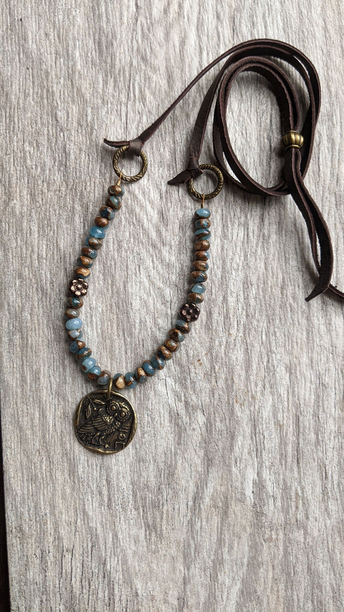 Owl Necklace Leather Cord and Beaded Gemstone
