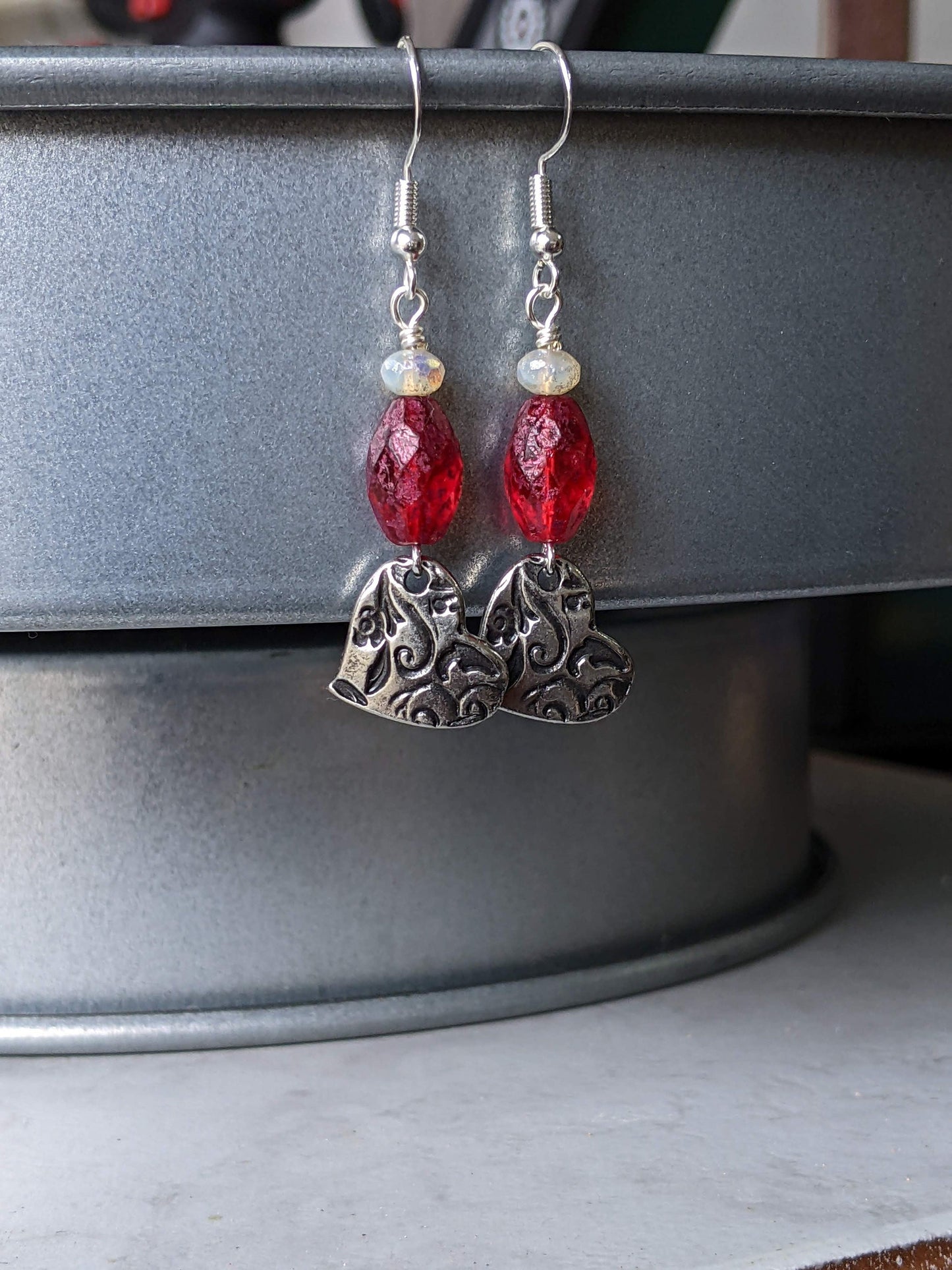 Heart Earrings Red Glass