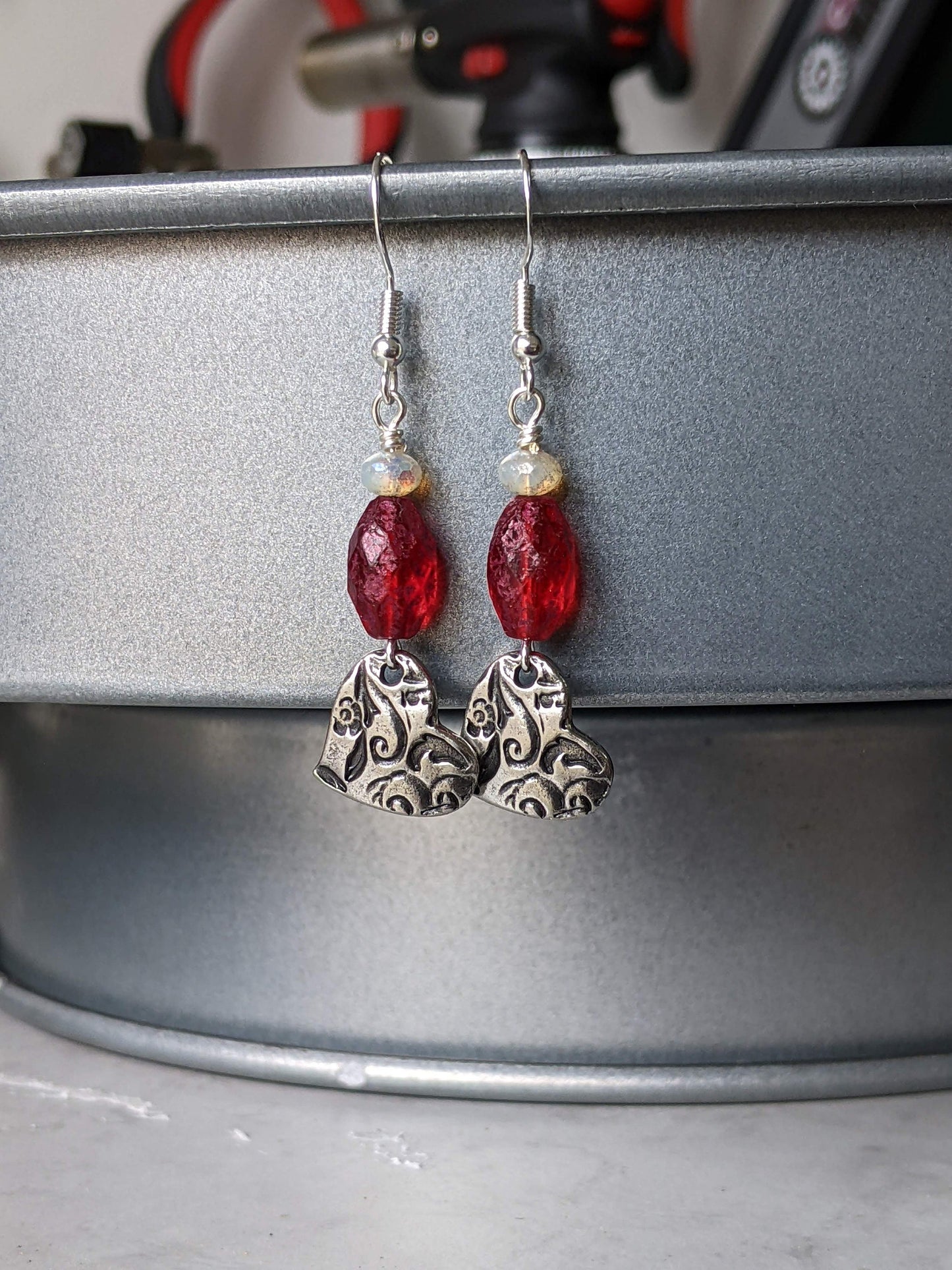 Heart Earrings Red Glass