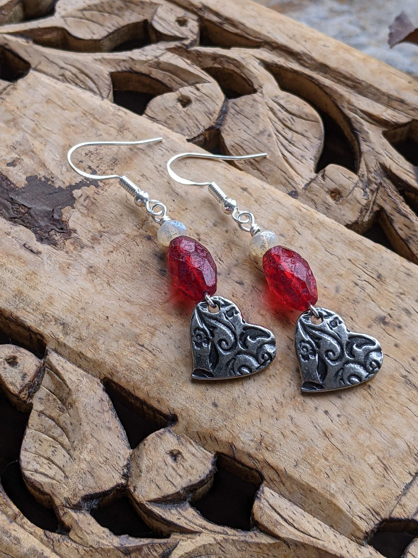 Heart Earrings Red Glass
