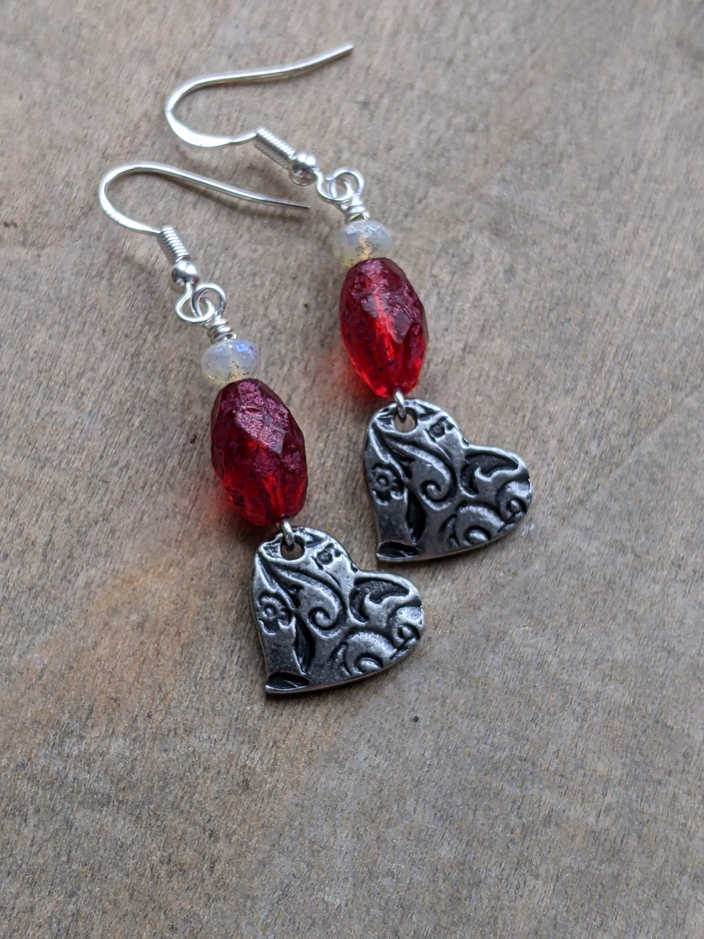 Heart Earrings Red Glass