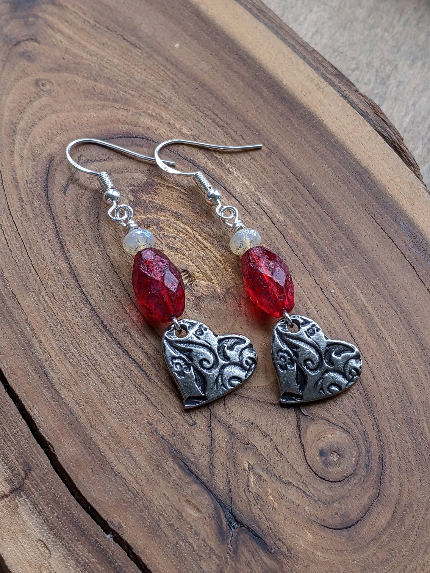 Heart Earrings Red Glass