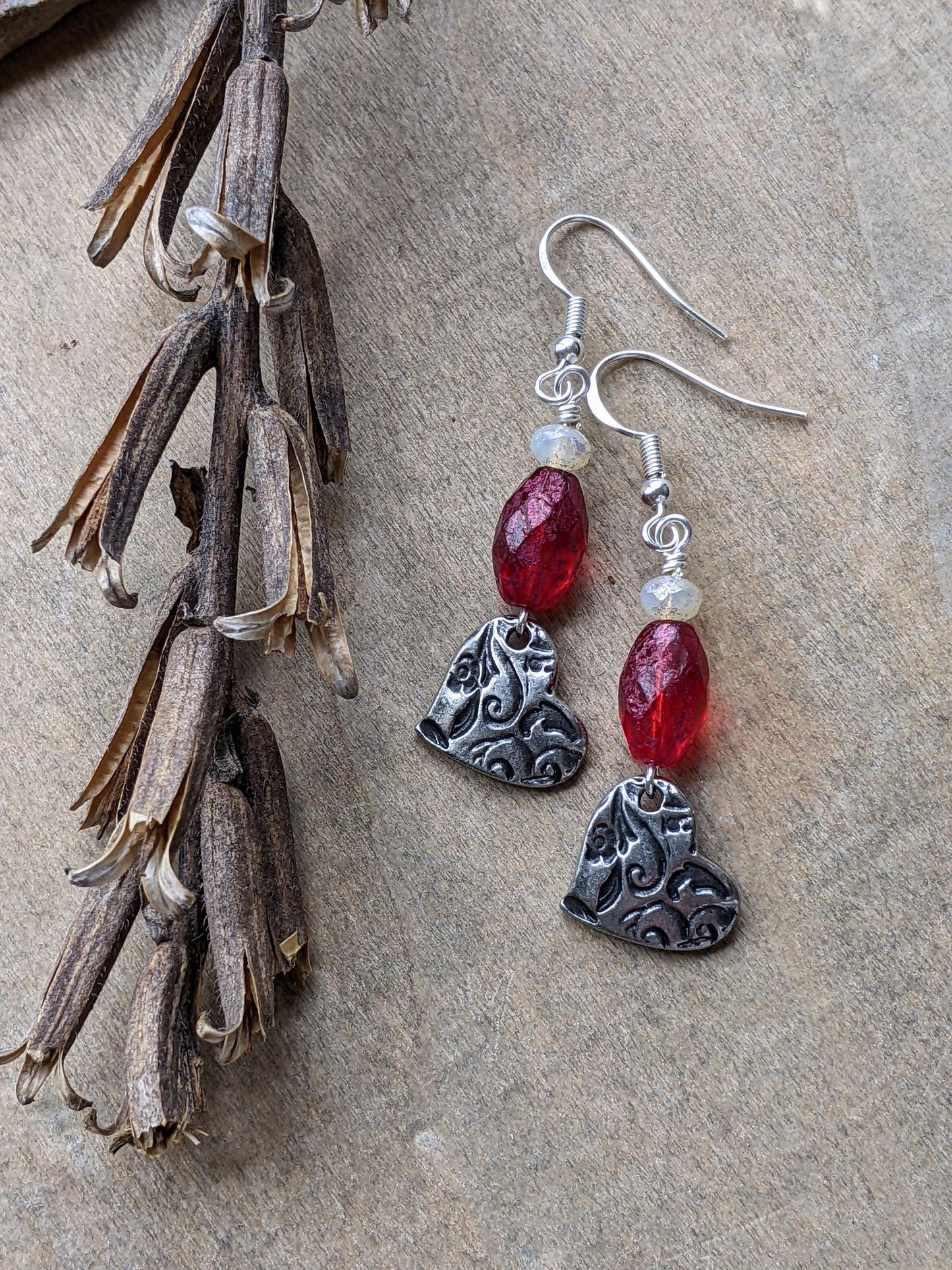 Heart Earrings Red Glass