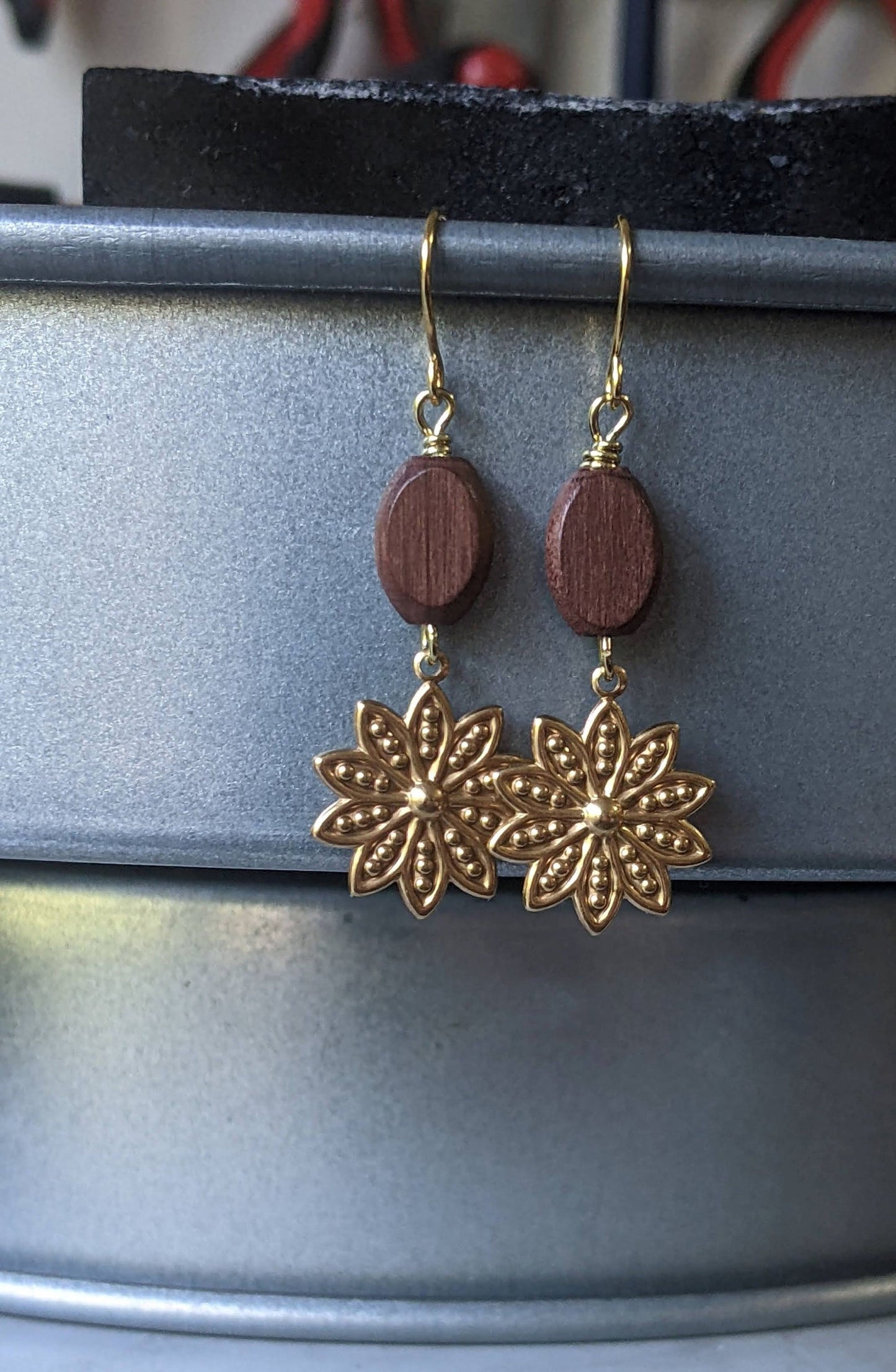 Flower Earrings Wood and Brass