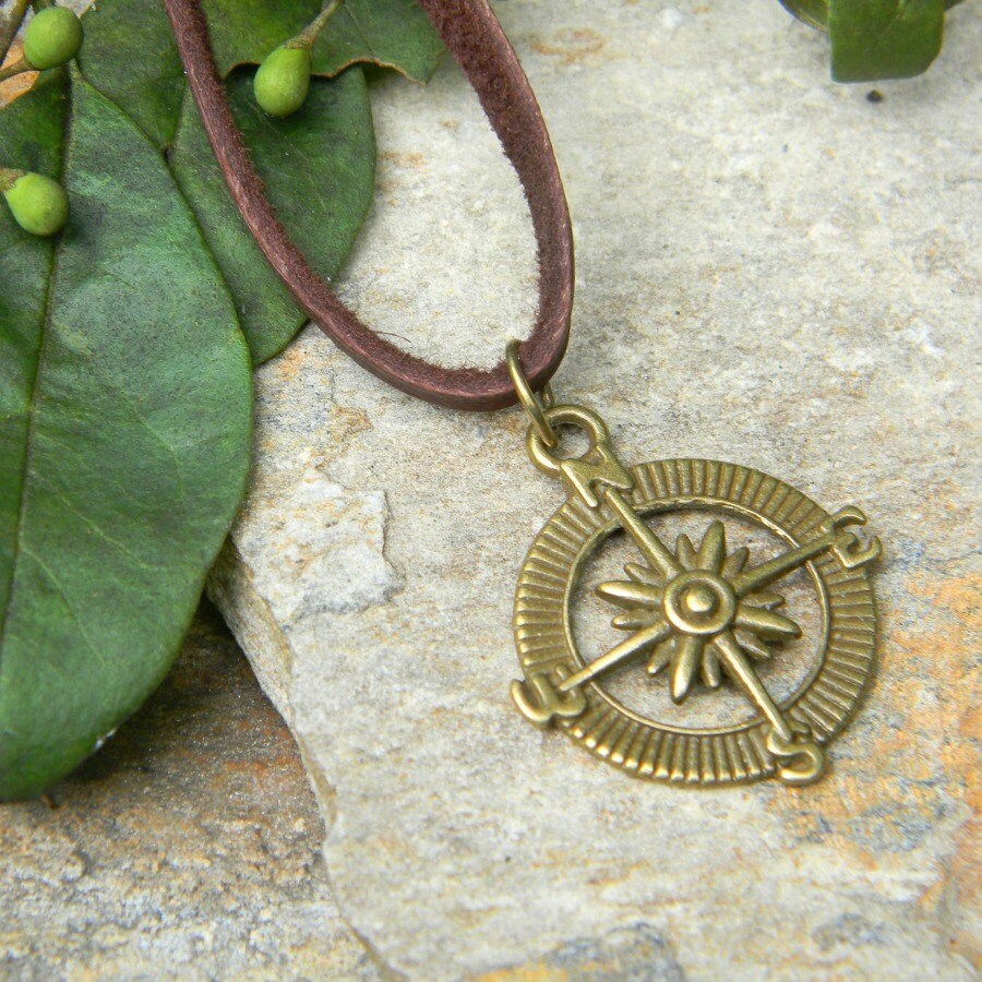 Men's Leather Cord Necklace Compass