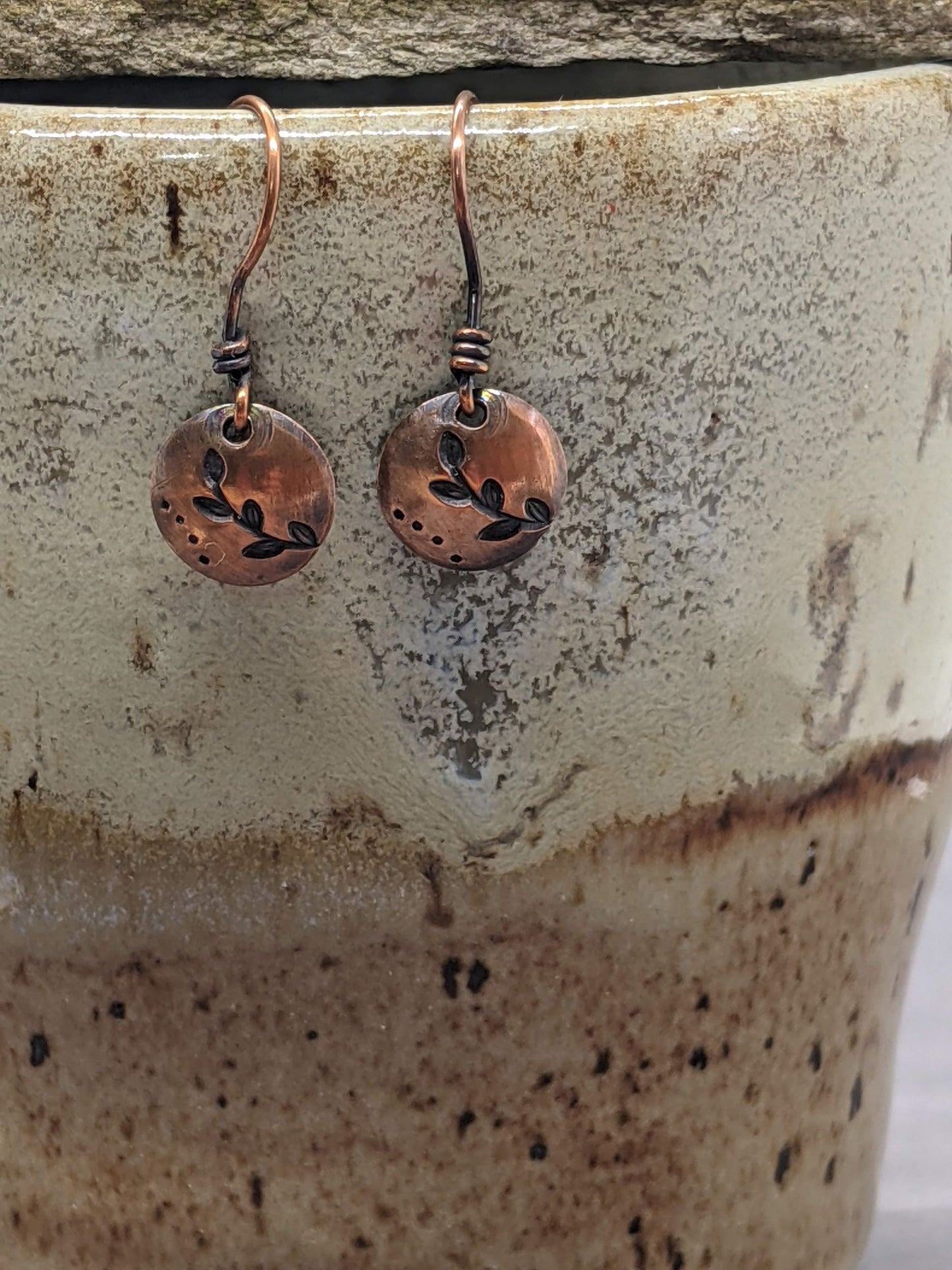 Small Copper Disc Earrings Leafy Branch