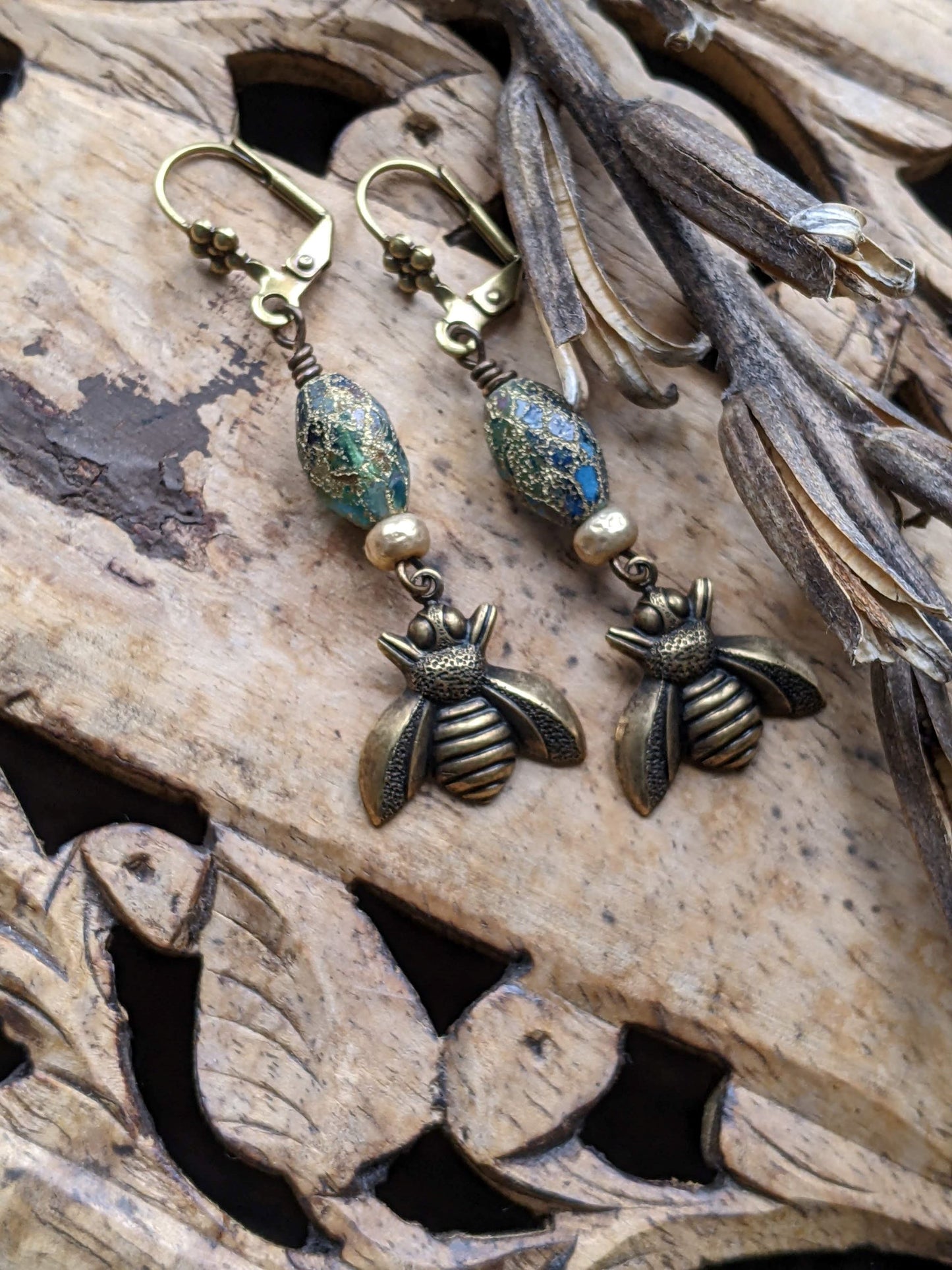 Summer Garden Bee Earrings Blue Glass and Brass